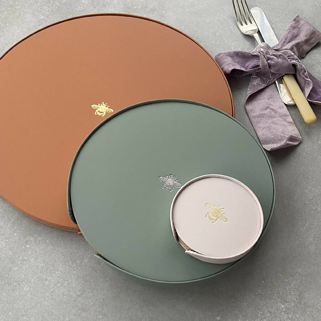A Set of Six Recycled Leather Placemats with Bee Motif - Image 4