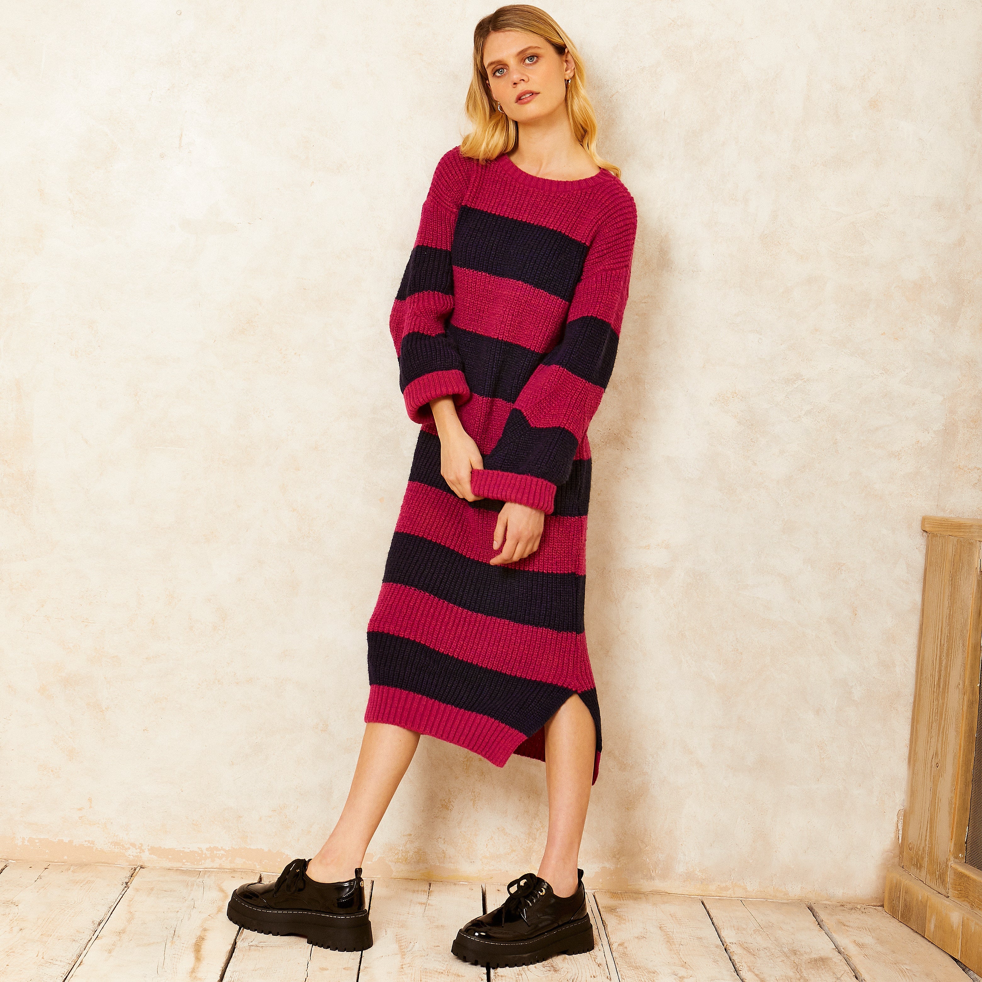 Antonia Chunky Stripe Midi Dress - Navy