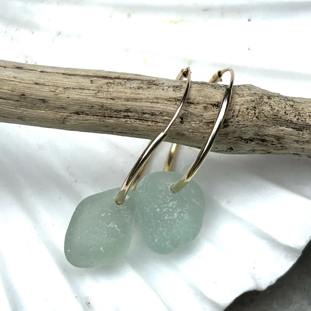 Aqua green Seaglass 9ct gold Earrings - Image 3