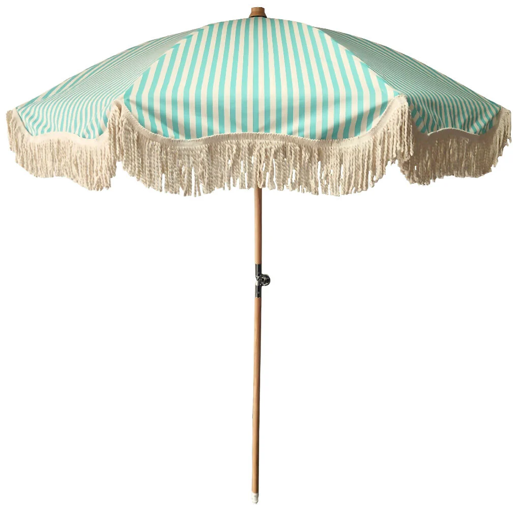 Aquamarine/Antique White Stripe Large Tassel Fringed Outdoor Parasol - Image 3