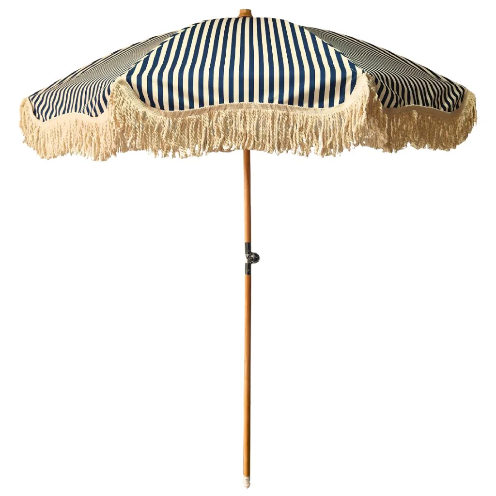 Aquamarine/Antique White Stripe Large Tassel Fringed Outdoor Parasol - Image 6