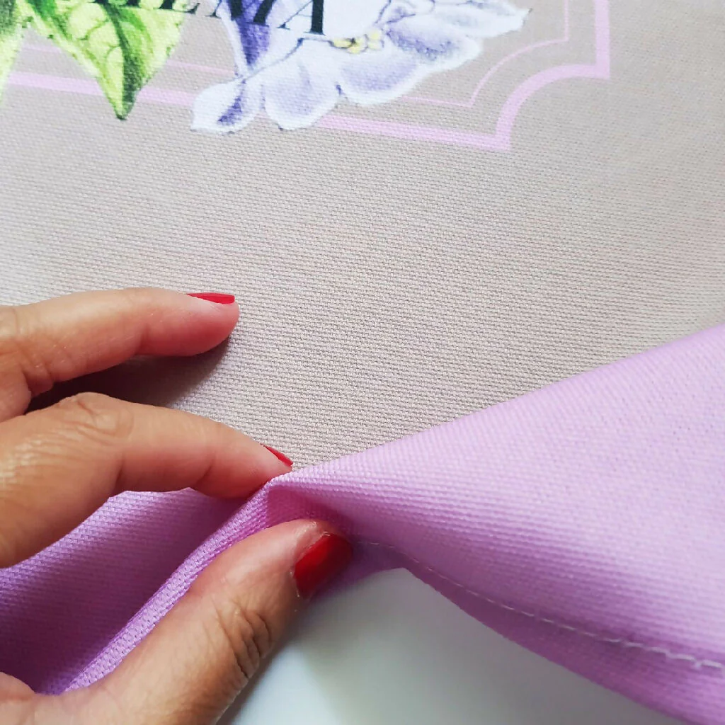 Bellflower Print Cotton Tea Towel in Pink and Beige - Image 4