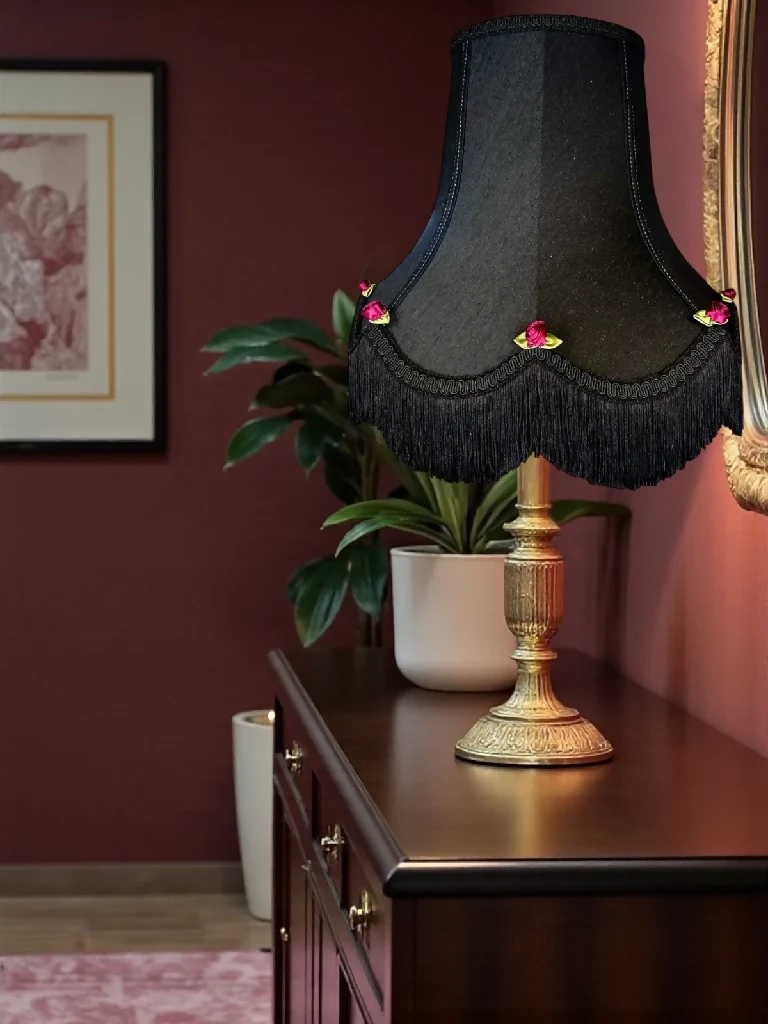 Bespoke handmade black fabric lampshades with red rose buds and green leaves - Available in 8 sizes - Image 2