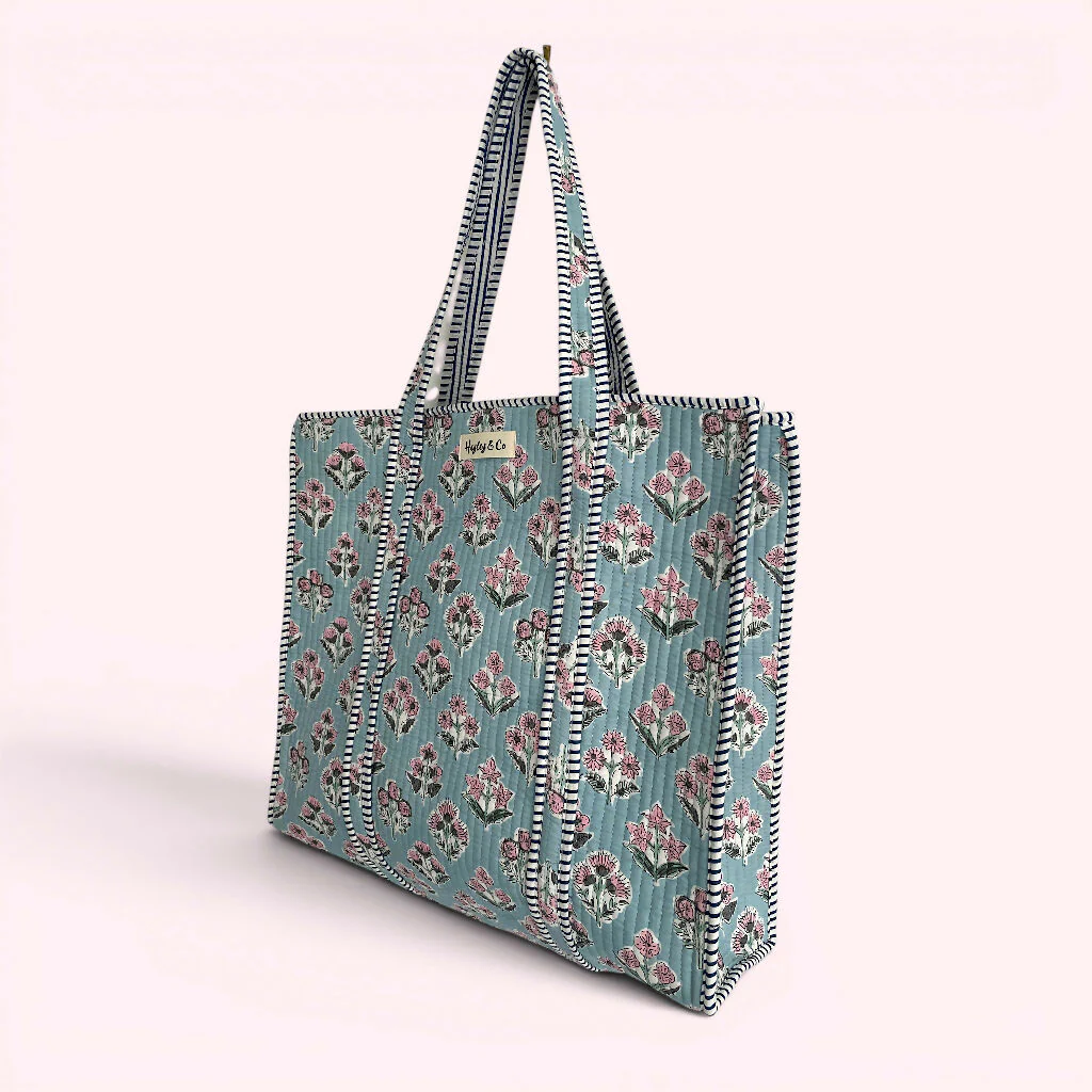 Blue and Pink Ditsy Floral Quilted Cotton Tote Bag - Image 3