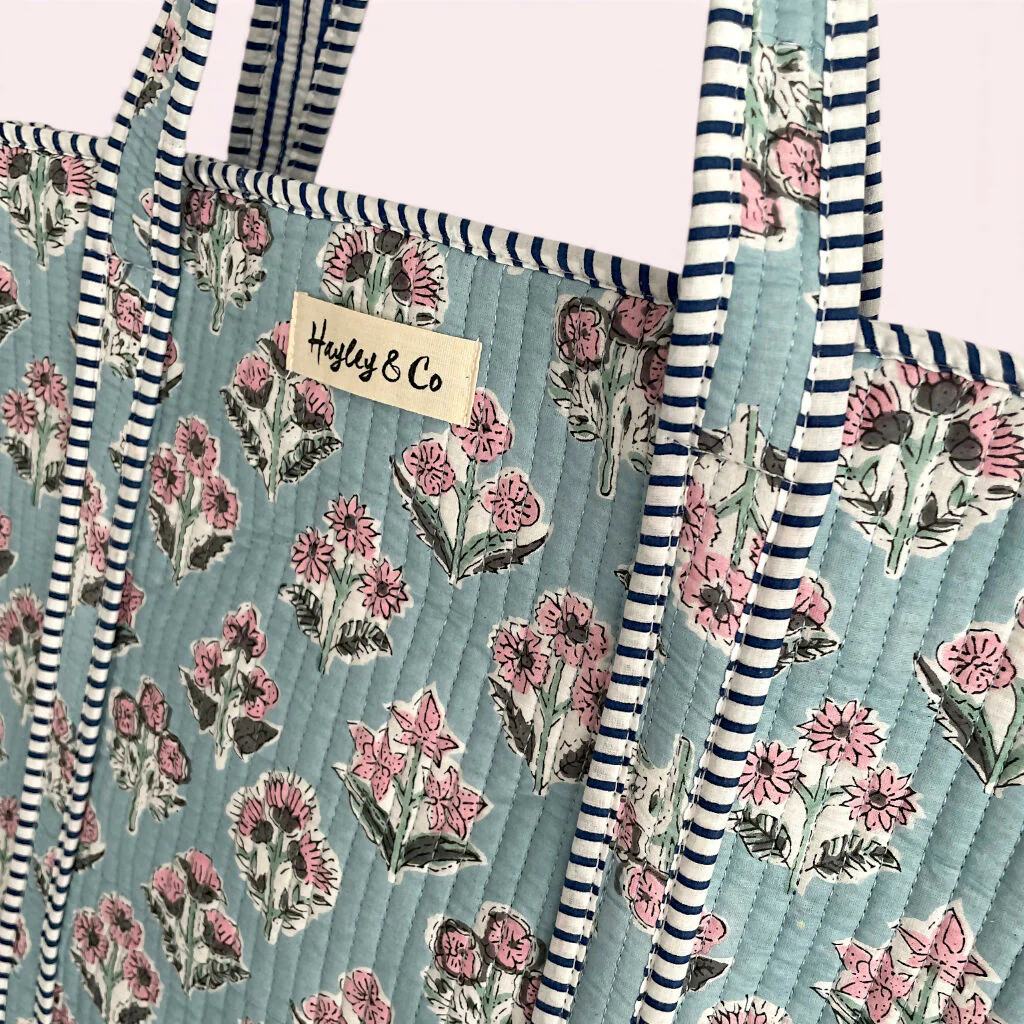 Blue and Pink Ditsy Floral Quilted Cotton Tote Bag - Image 4
