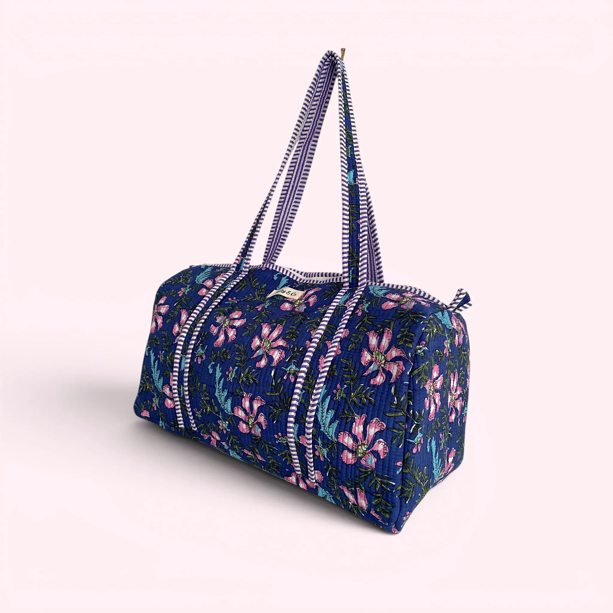 Blue and Purple Floral Block Print Cotton Quilted Weekend Duffle Bag - Image 2