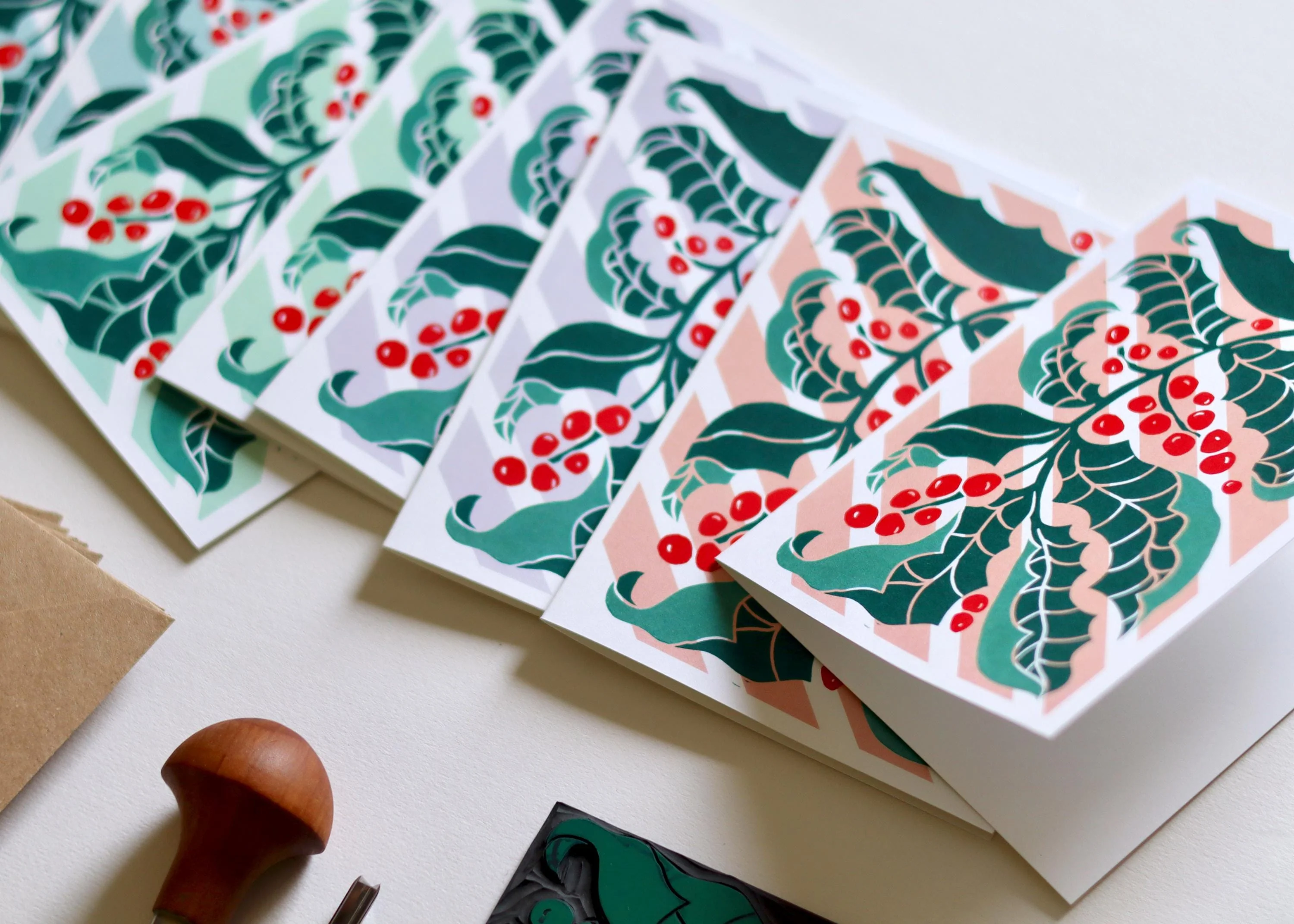 Candy Stripes & Holly Leaves Linocut Notecards - Set of 8 | Festive Christmas Card Set & Envelopes - Image 4