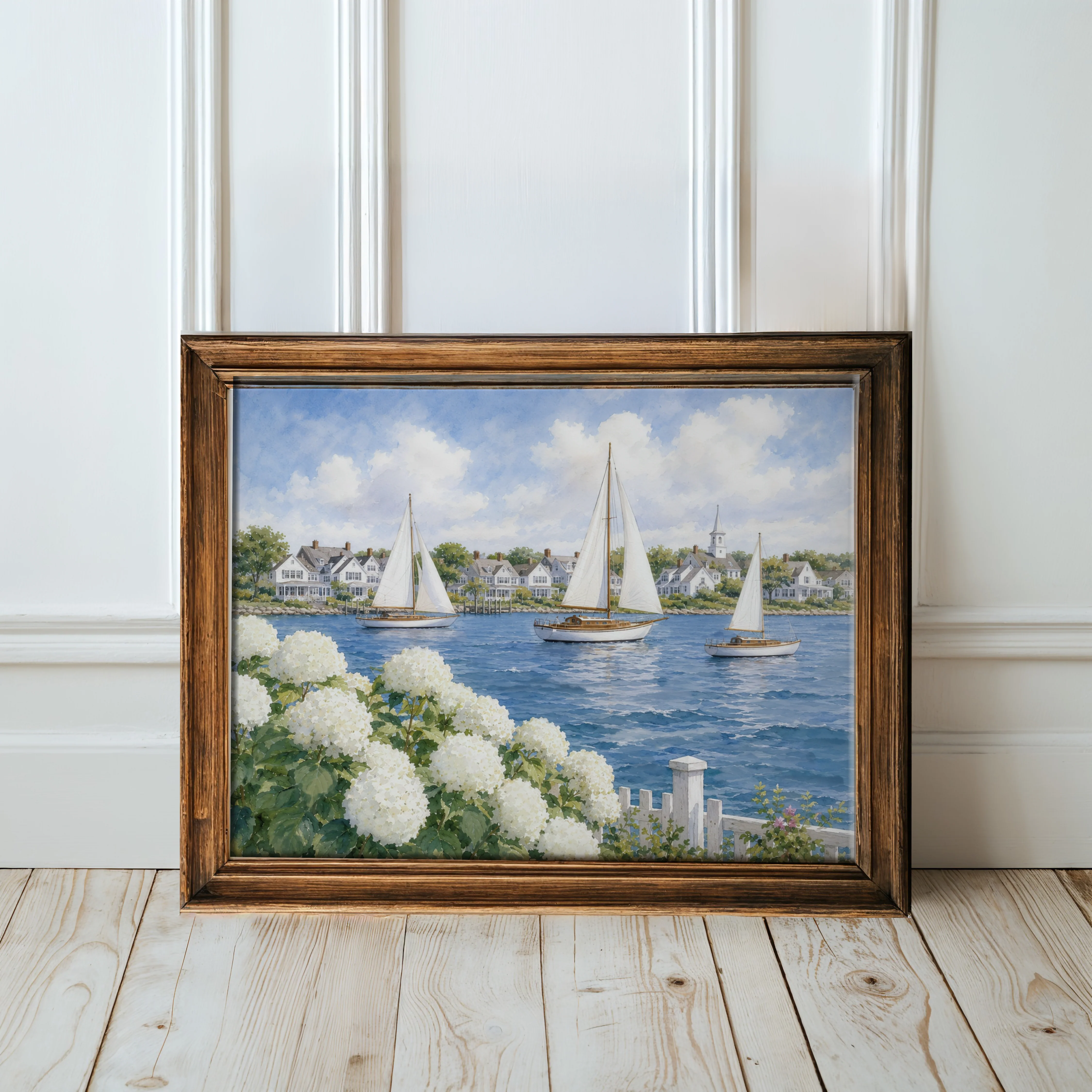 Cape Cod Harbor Illustration Hydrangea Sailboat Watercolor Print - Image 3