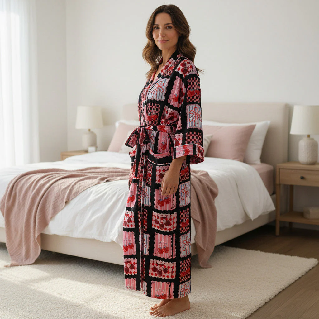 Cherry and Bow Print 100% Cotton Dressing Gown - Image 6