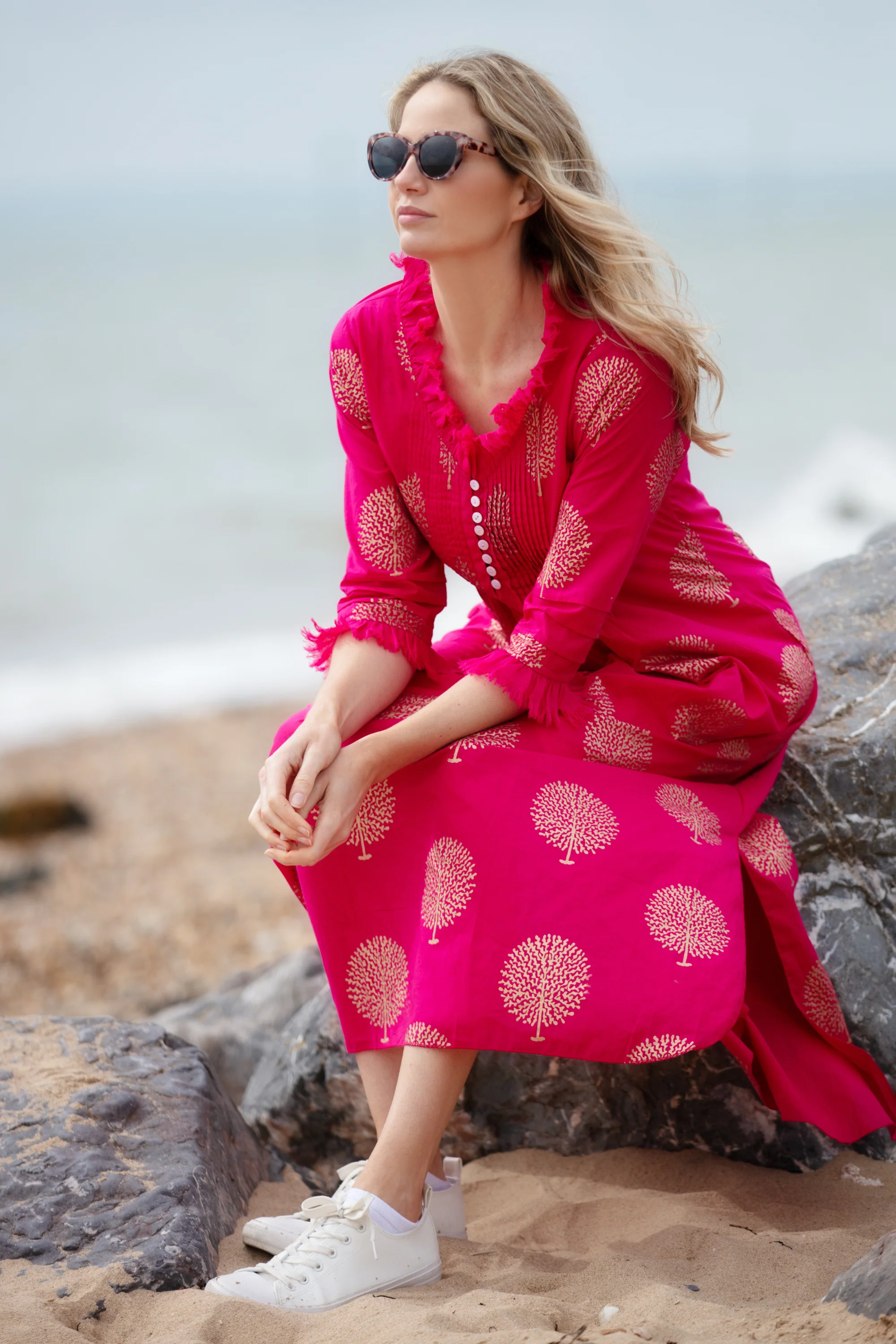 Cotton Annabel Maxi Dress in Fuschia & Gold - Image 2