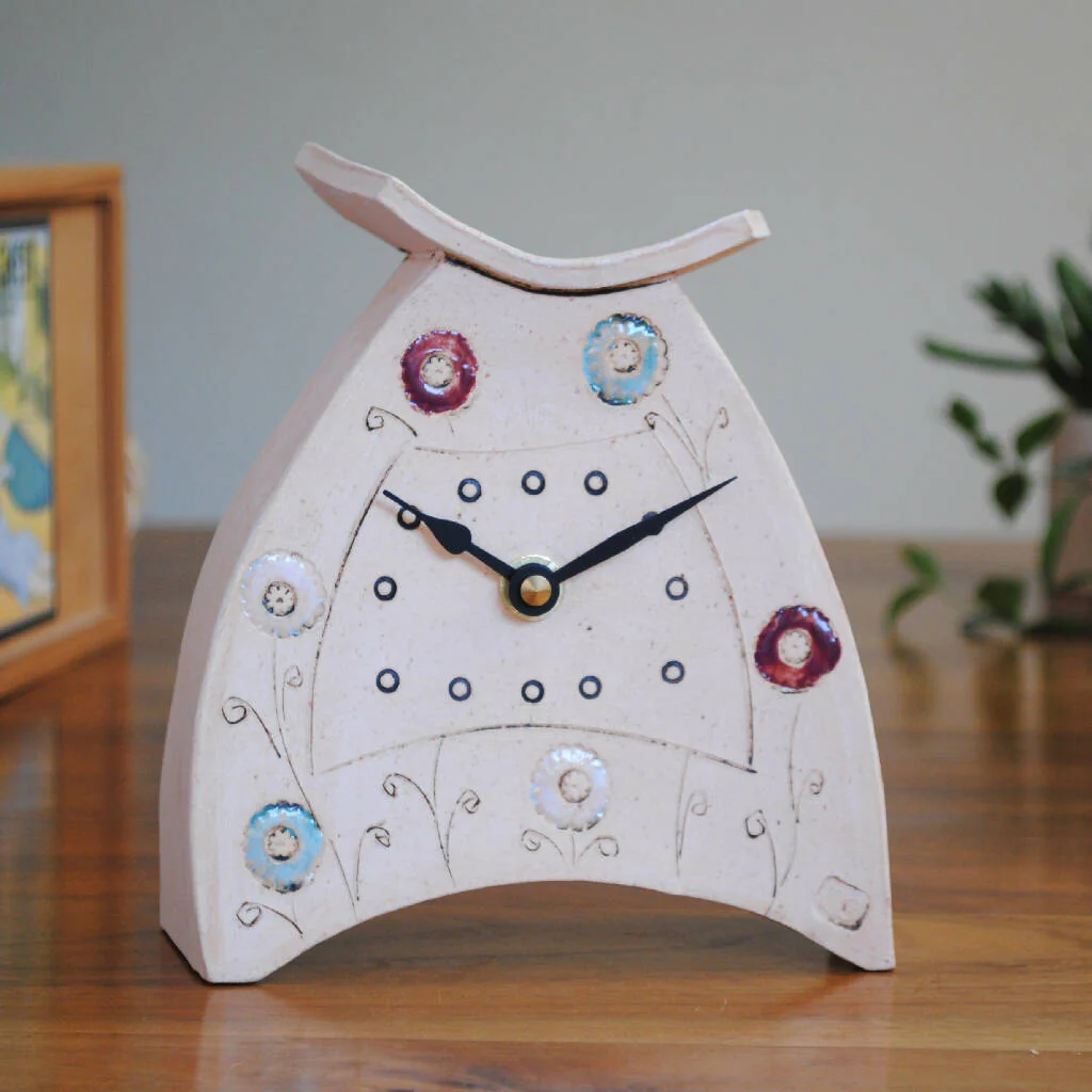 Daisy Mantel Clock in White, Burgundy and Turquoise - Image 2