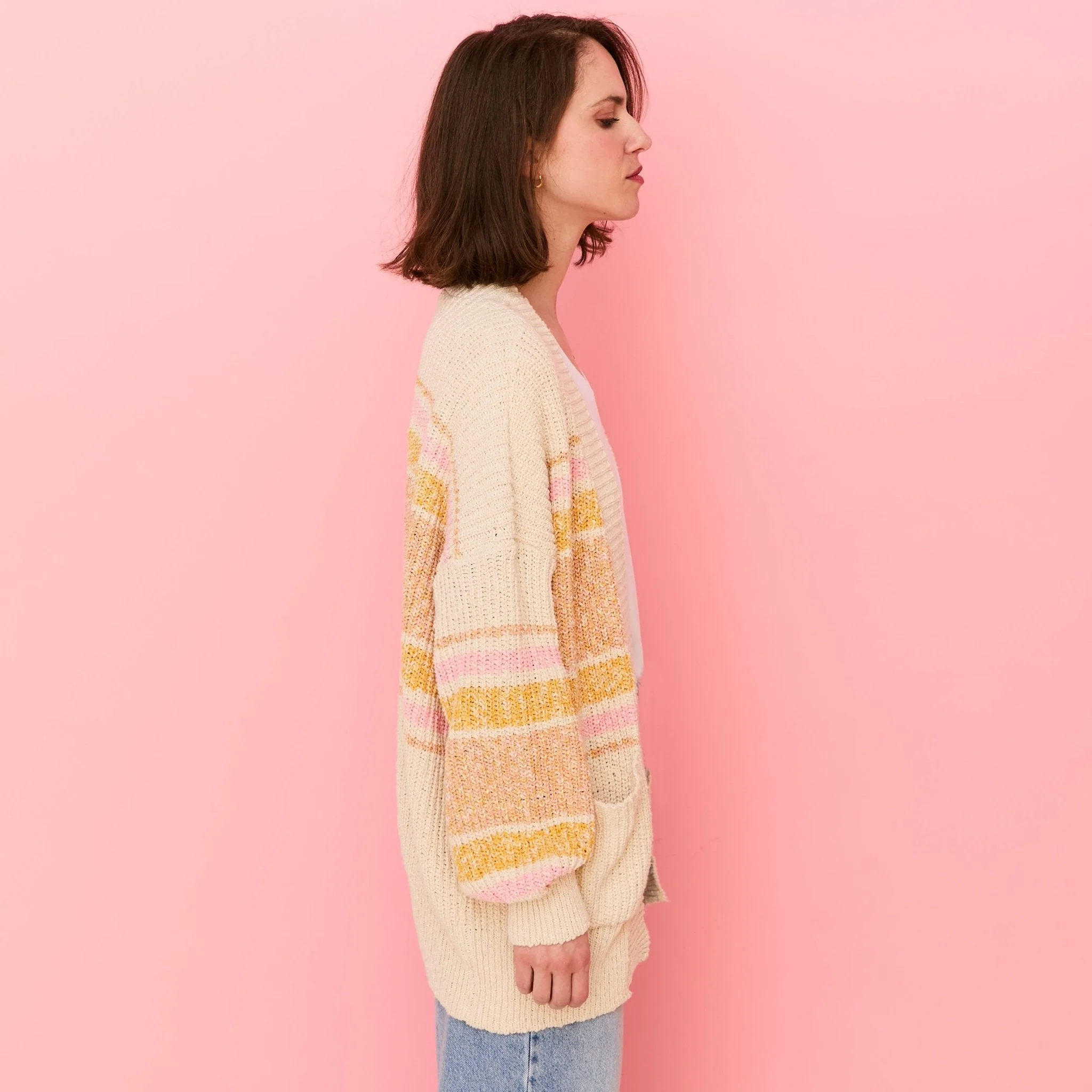 Dani Recycled Cotton Blend Chunky Balloon Sleeve Stripe Cardigan - White - Image 6