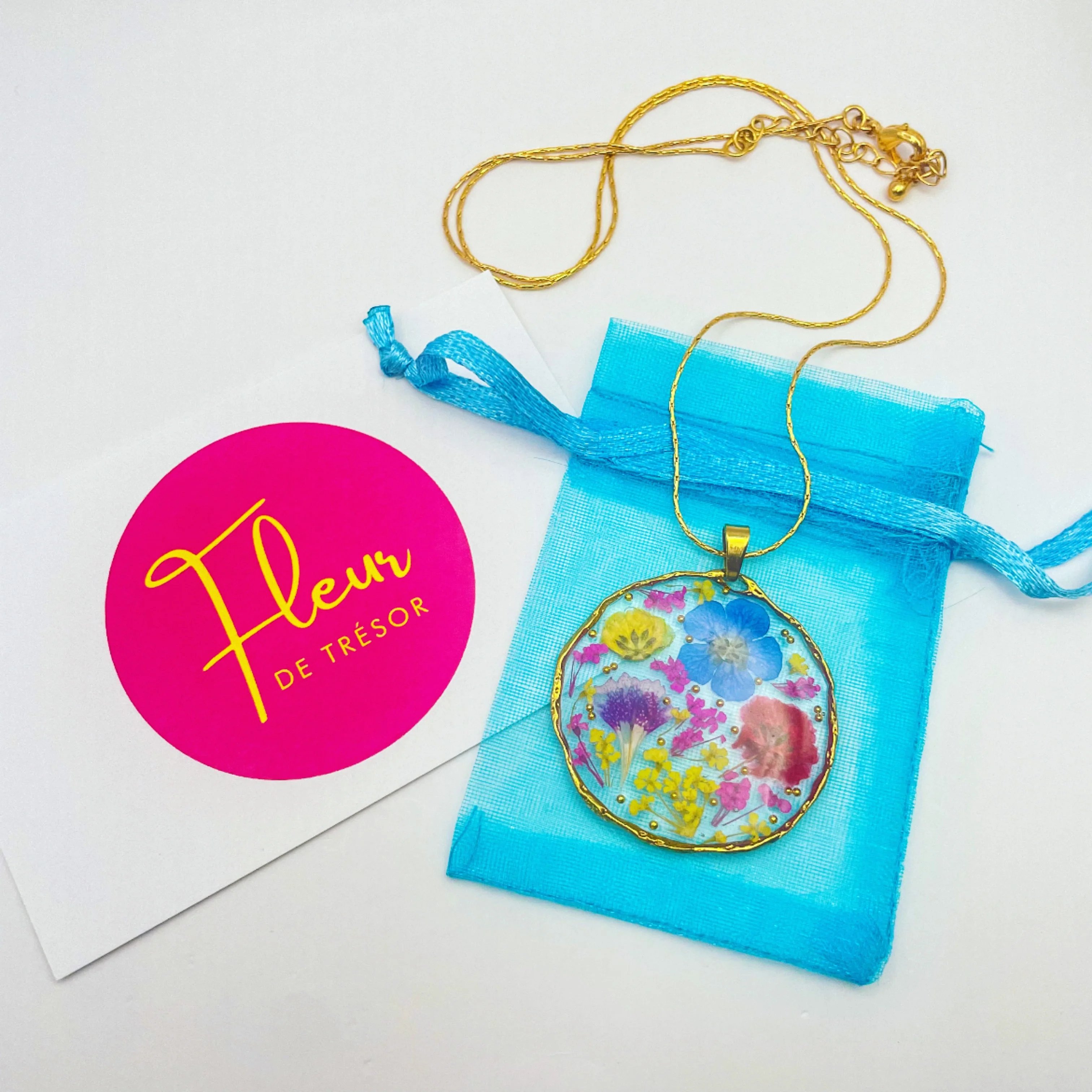 Gold necklace with poppy and blue flowers - Image 8