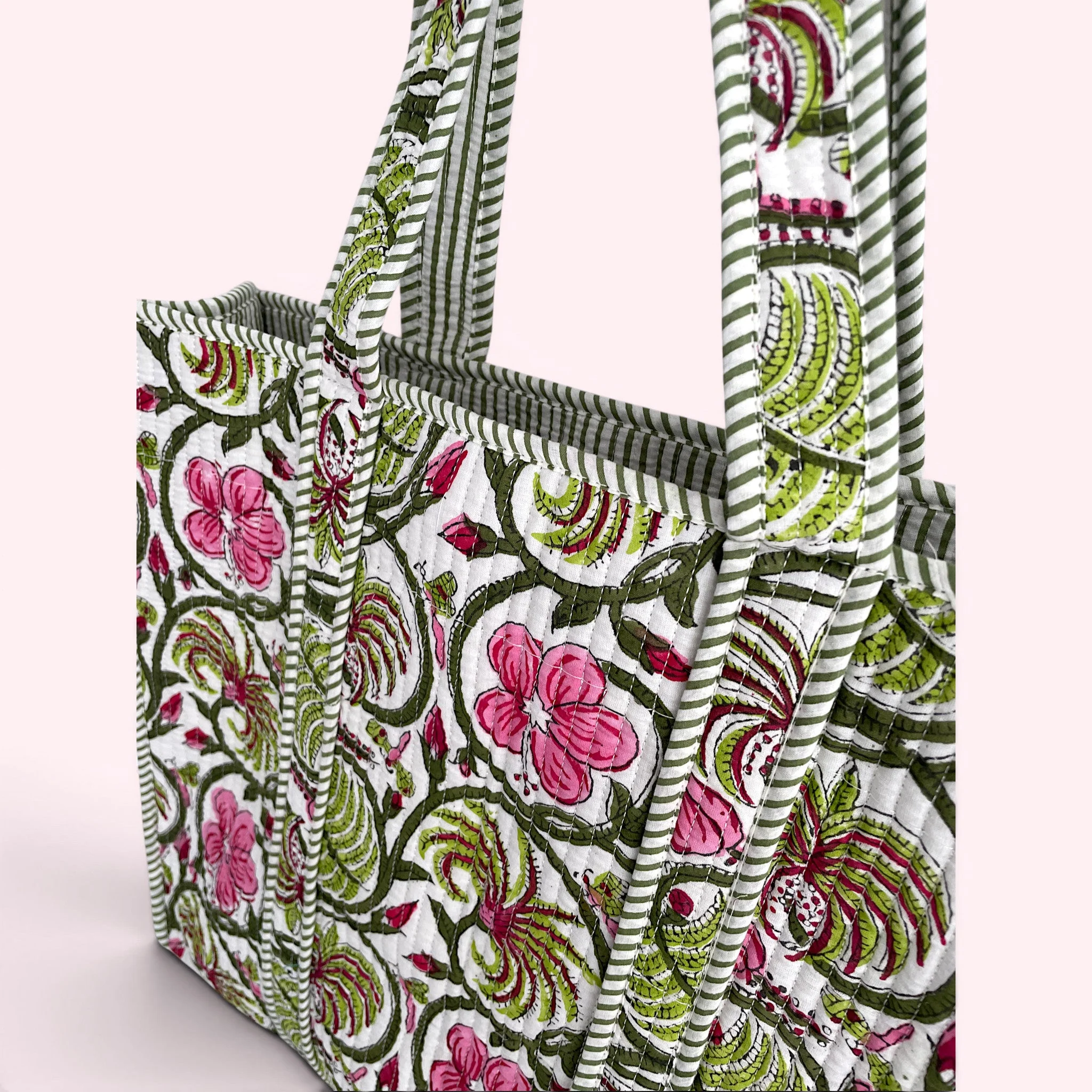 Green and Pink Floral Quilted Cotton Tote Bag - Image 4