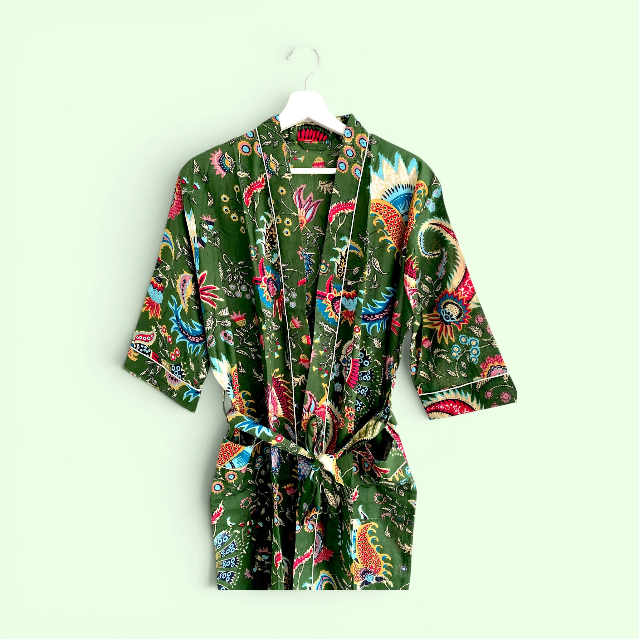 Green Floral Block Print 100% Cotton Dressing Gown - Image 6