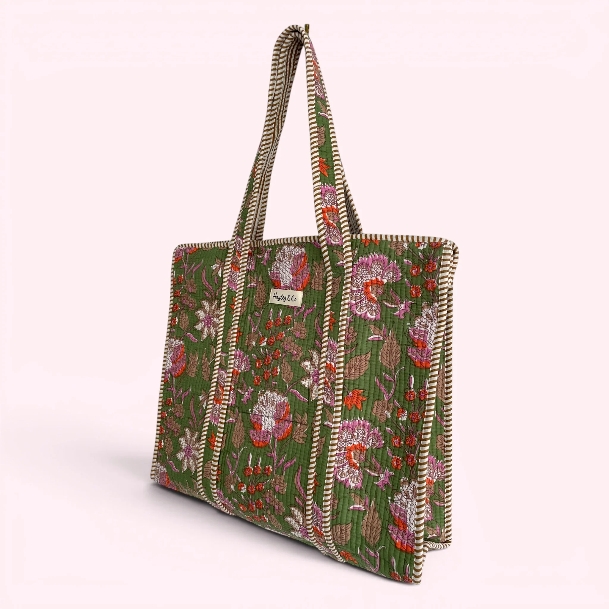 Green Floral Block Print Quilted Cotton Tote Bag - Image 3