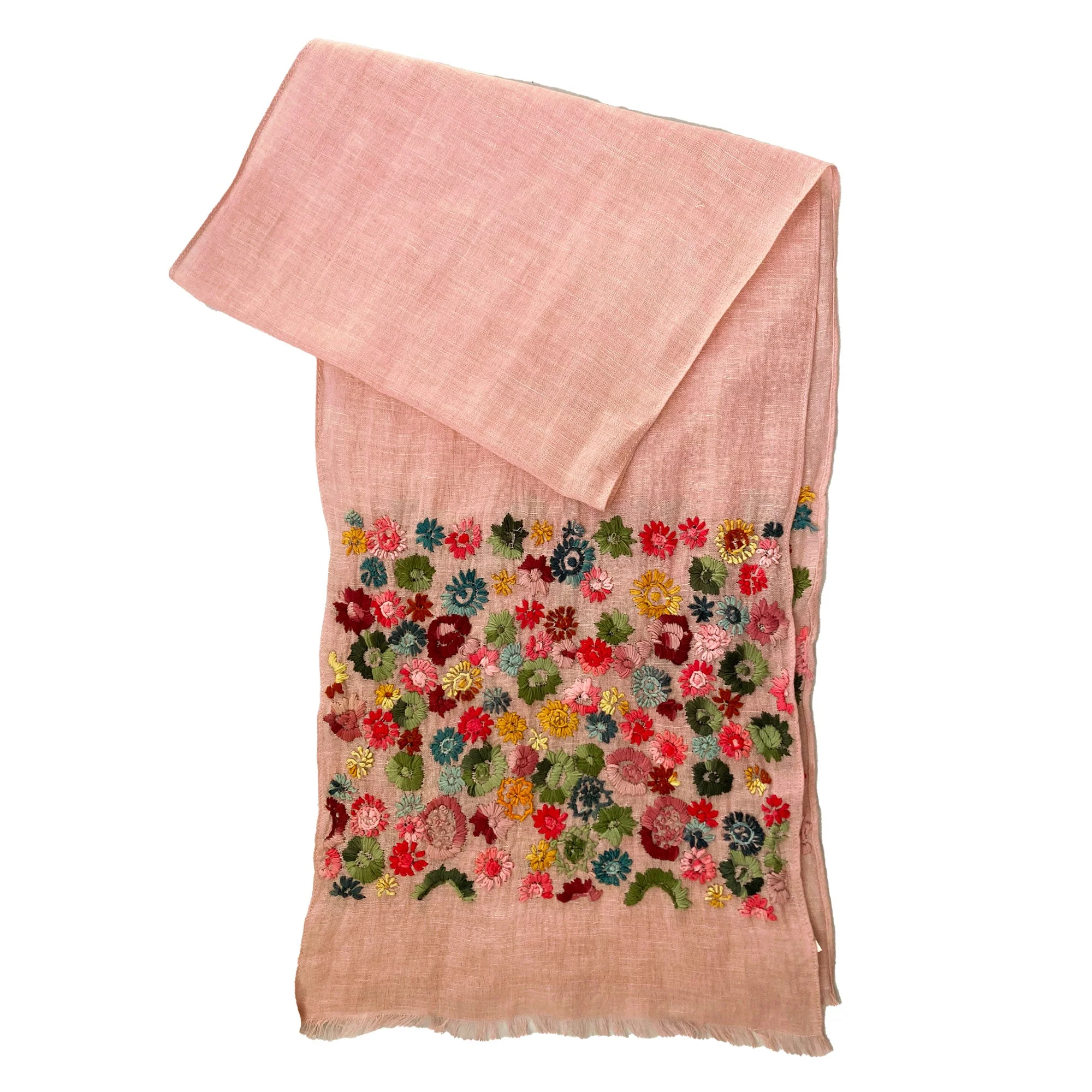Hand Embroidered 100% Linen Scarf in Blush Pink Floral - Image 4