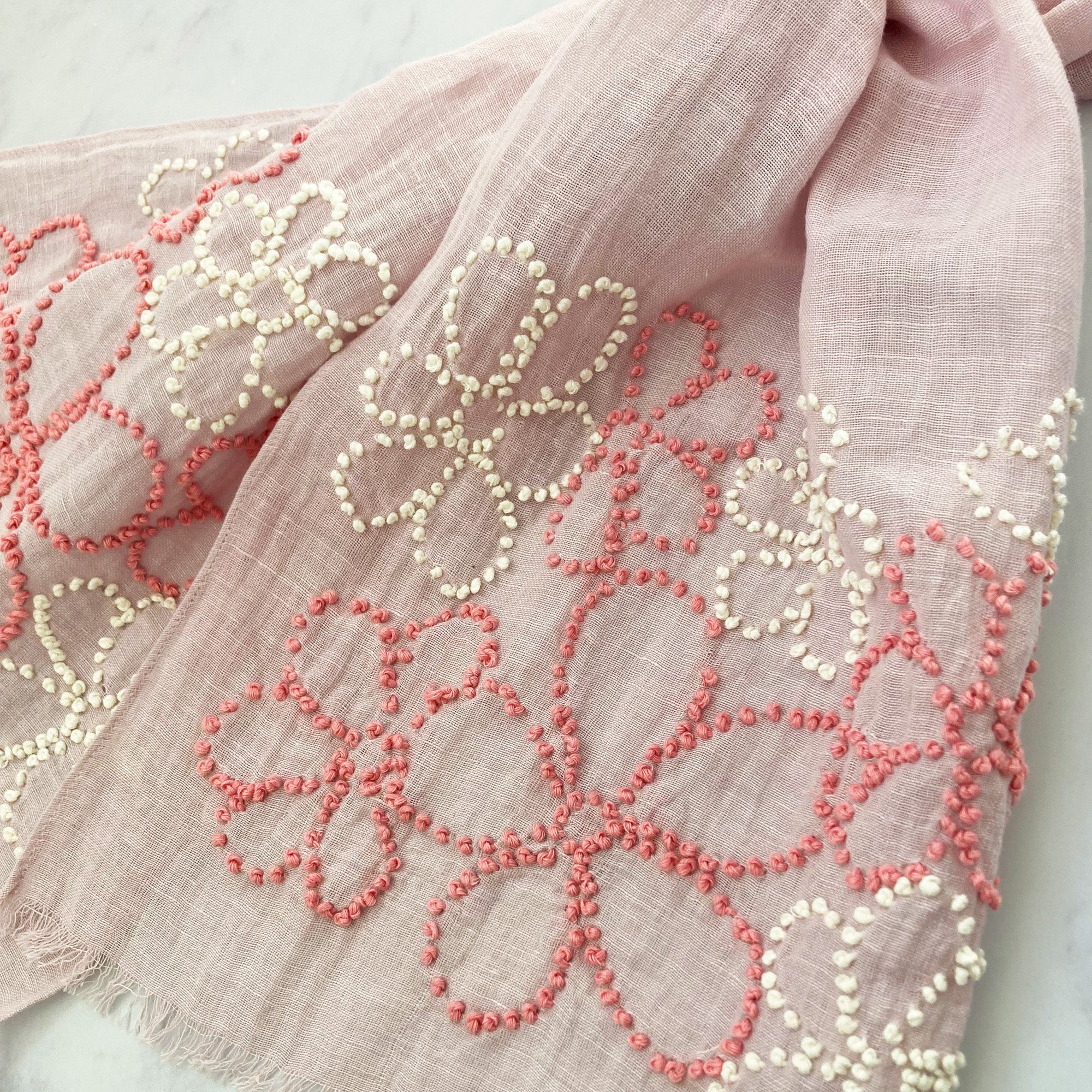 Hand Embroidered 100% Linen Scarf in Pale Pink with French Knot Flower details - Image 4