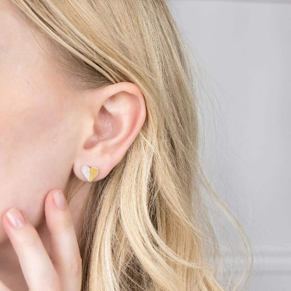 Handmade Gold and Silver Heart Stud Earrings with Leaf Texture - Image 2