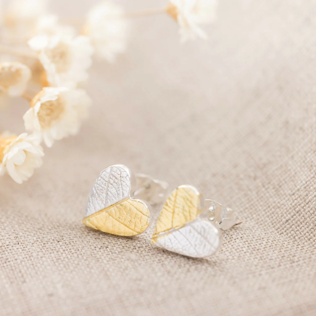 Handmade Gold and Silver Heart Stud Earrings with Leaf Texture - Image 3