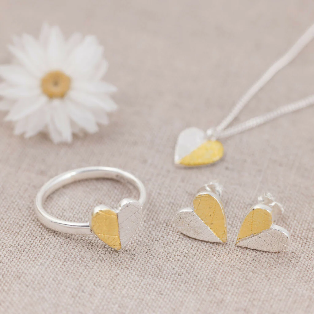 Handmade Gold and Silver Heart Stud Earrings with Leaf Texture - Image 4