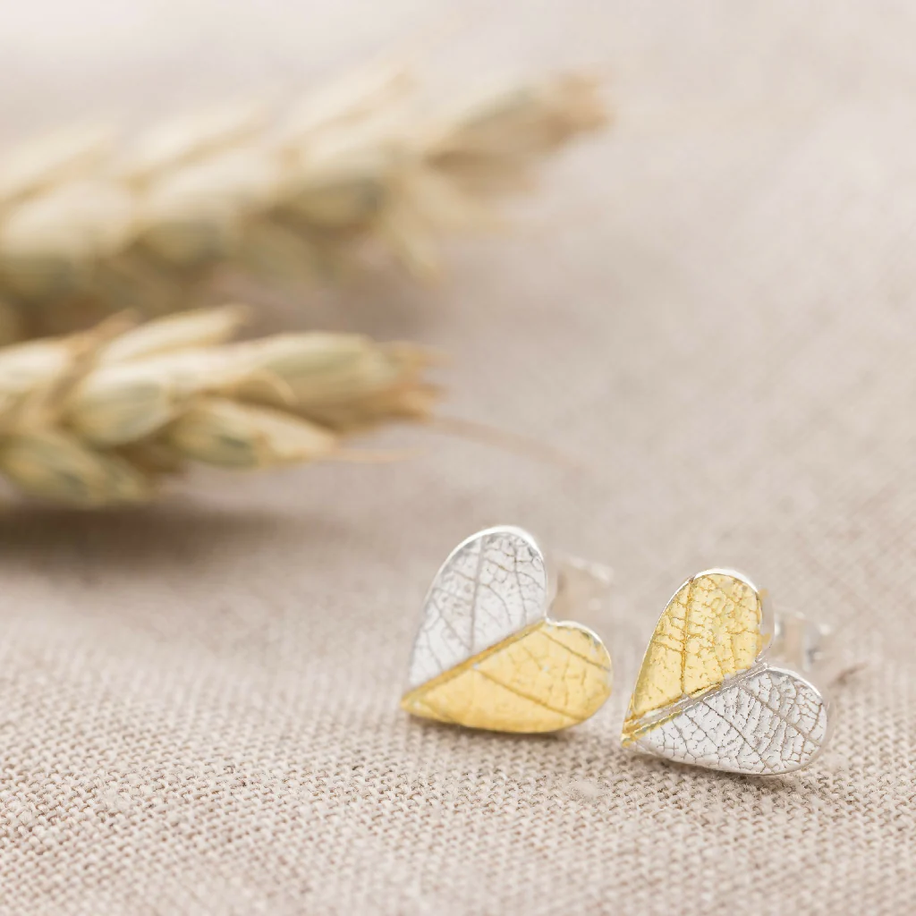 Handmade Gold and Silver Heart Stud Earrings with Leaf Texture - Image 5