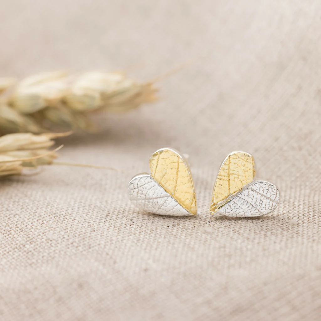 Handmade Gold and Silver Heart Stud Earrings with Leaf Texture - Image 7