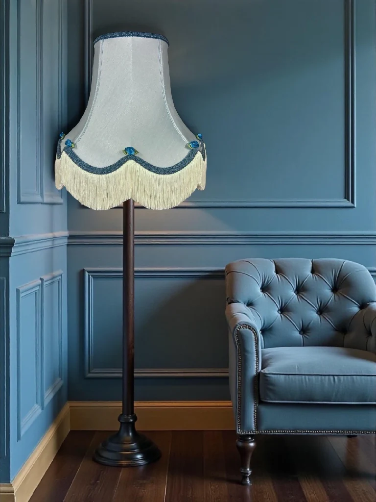 Handmade light blue lampshades with dark blue rose buds and green leaves - Available in 8 sizes - Image 5