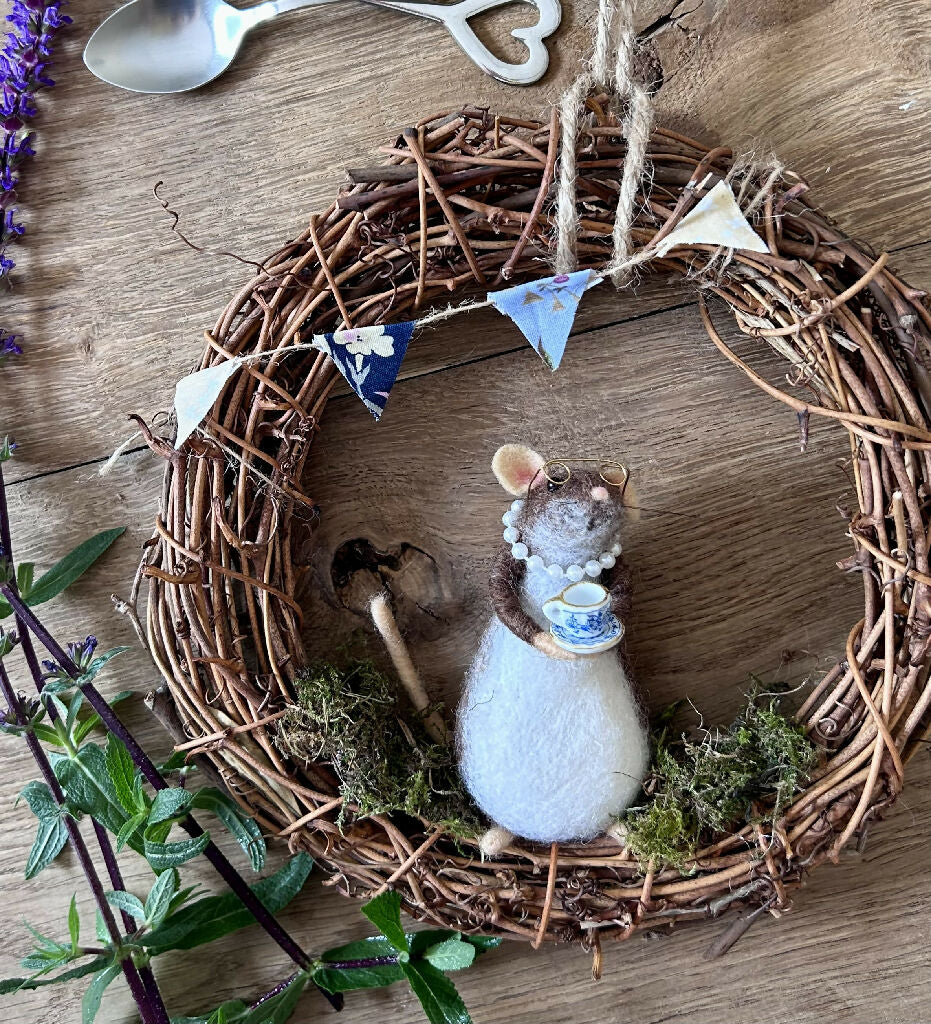 Handmade Needle-Felted Lady Mouse with Teacup on Rustic Wreath - Image 4