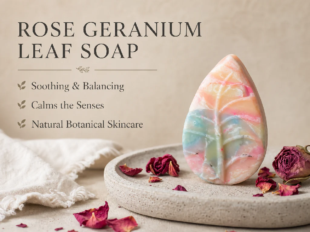 Handmade Rose Geranium Essential Oil Botanical Leaf Soap Bar - Image 6