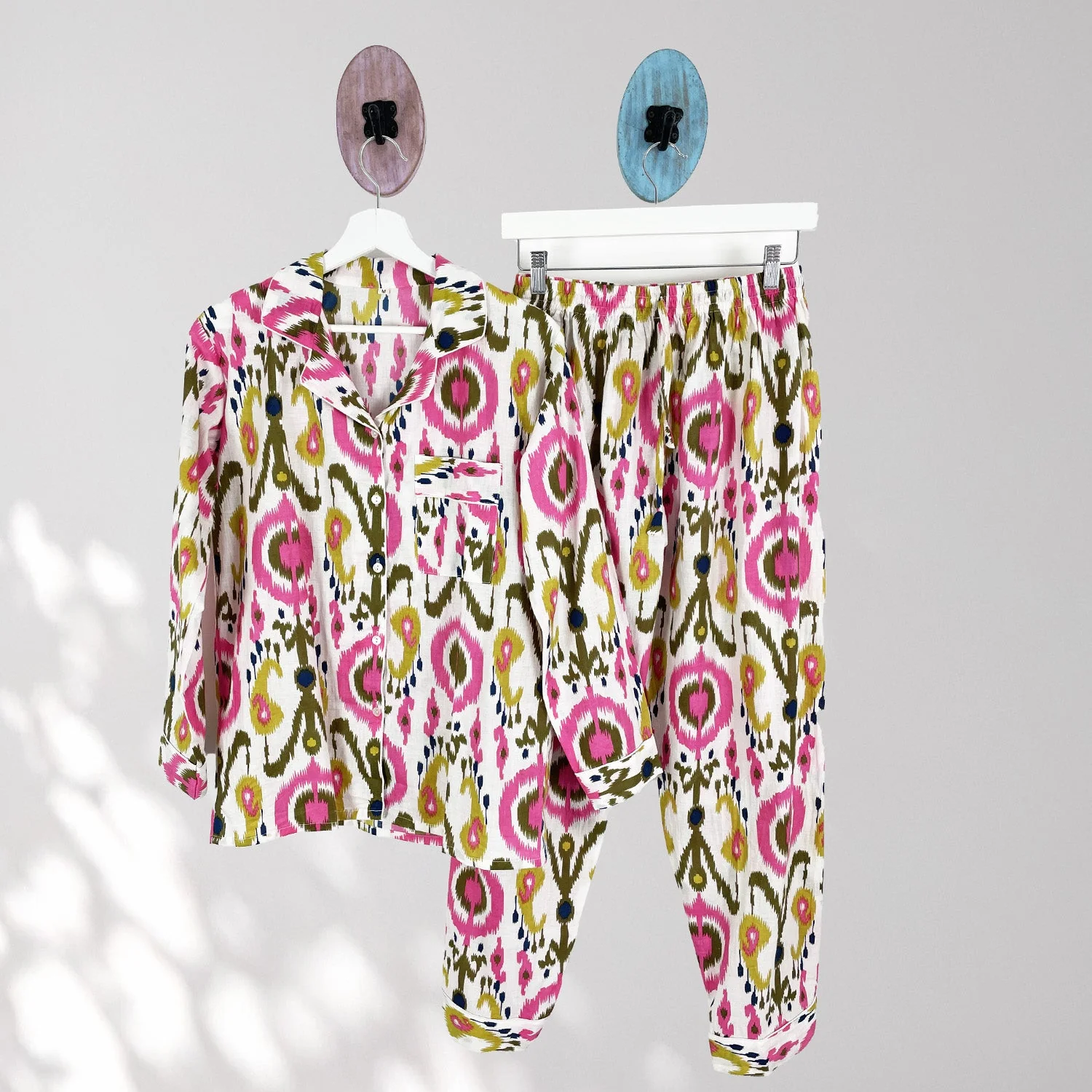 Ikat Print 100% Cotton Long Pyjama Set in White and Print - Image 9