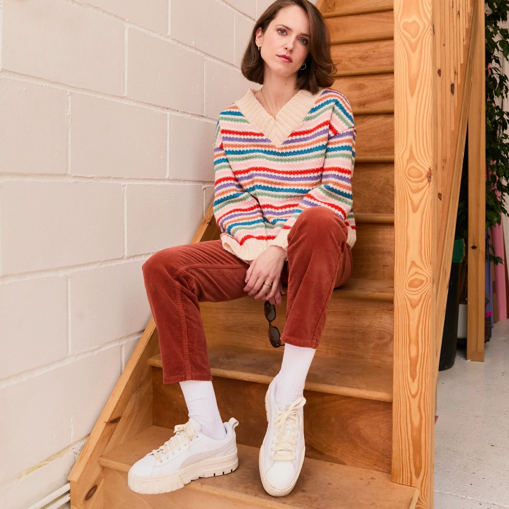Jasmine Wide Sleeve V Neck Striped Jumper - Off White - Image 5