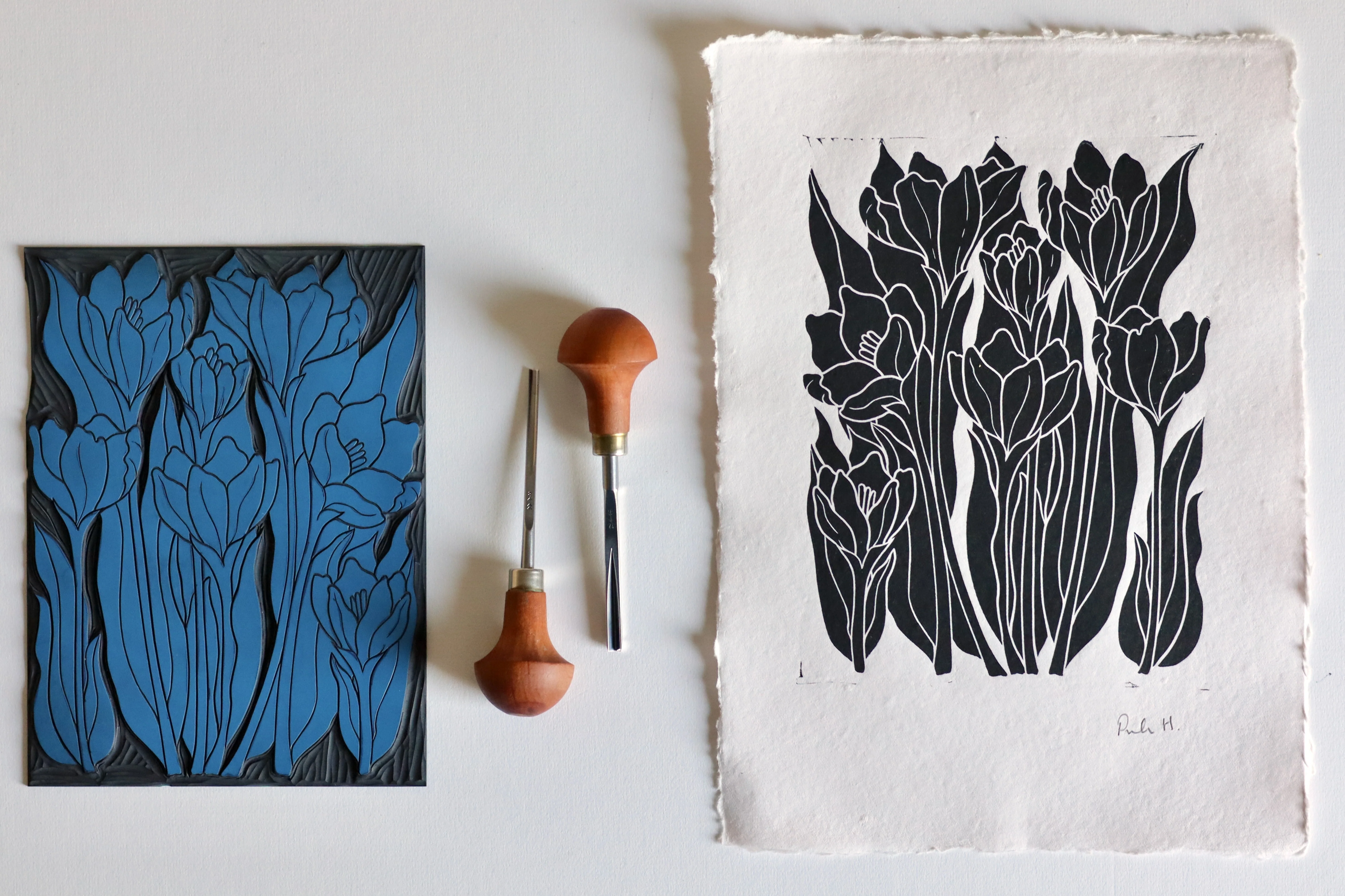 Joy Bloom Crocus Flowers Linocut | Hand printed on A4 Cotton Rag Paper - Image 2