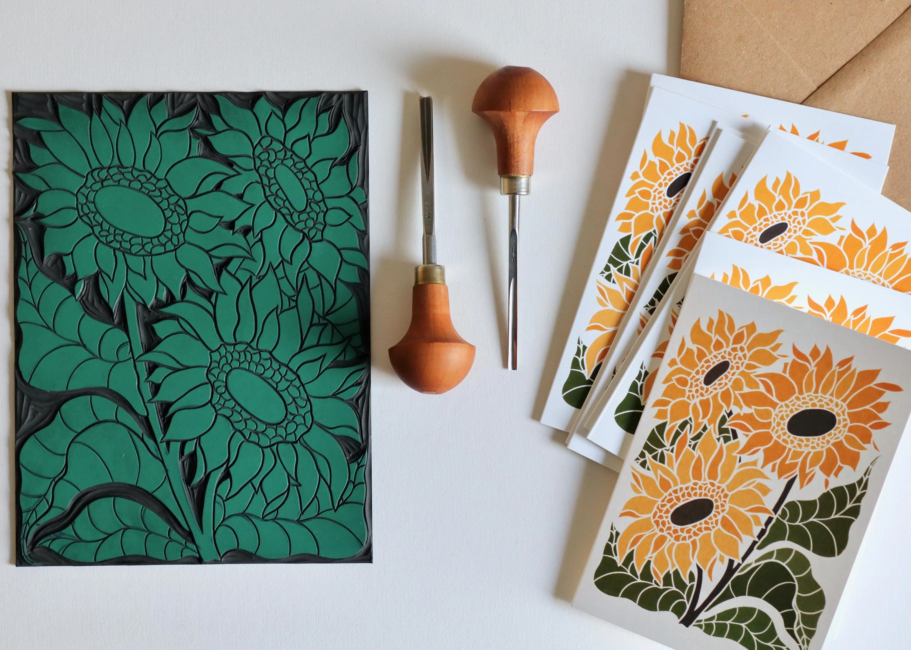 Linocut Joy Bloom Sunflower Cards | Set of 8 Notecards & Envelopes - Image 5