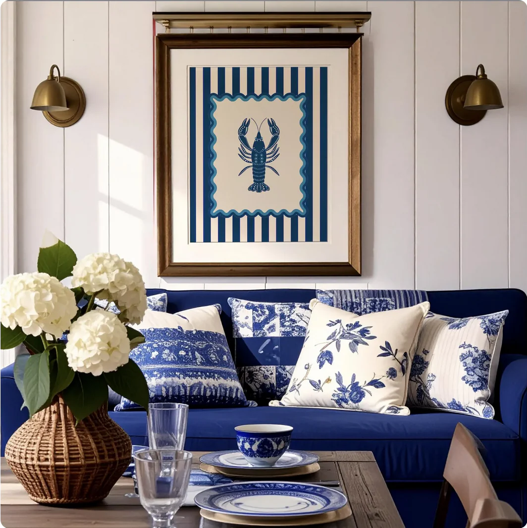 Lobster, Sardines & Coral Wall Art. Gallery Print Set of 3 - Indigo Blue - Image 2