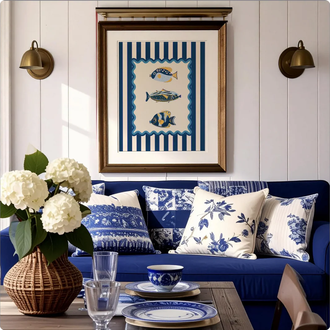 Lobster, Sardines & Coral Wall Art. Gallery Print Set of 3 - Indigo Blue - Image 3