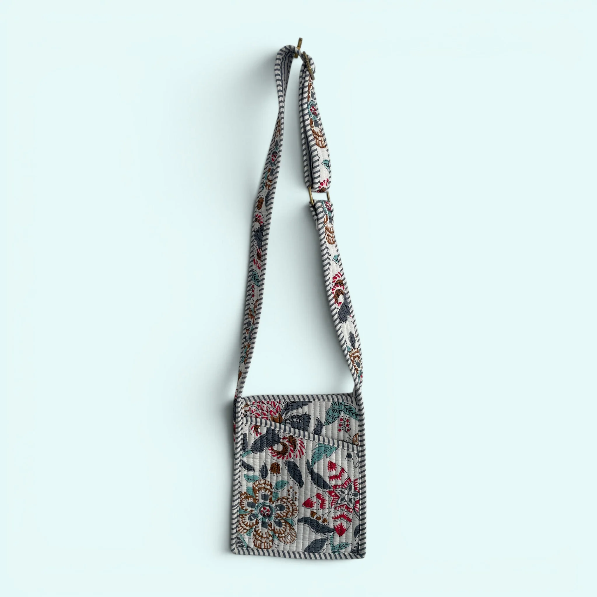 Mini Cross Body Bag - Grey with Turquoise and Red Block Print Floral - Image 2
