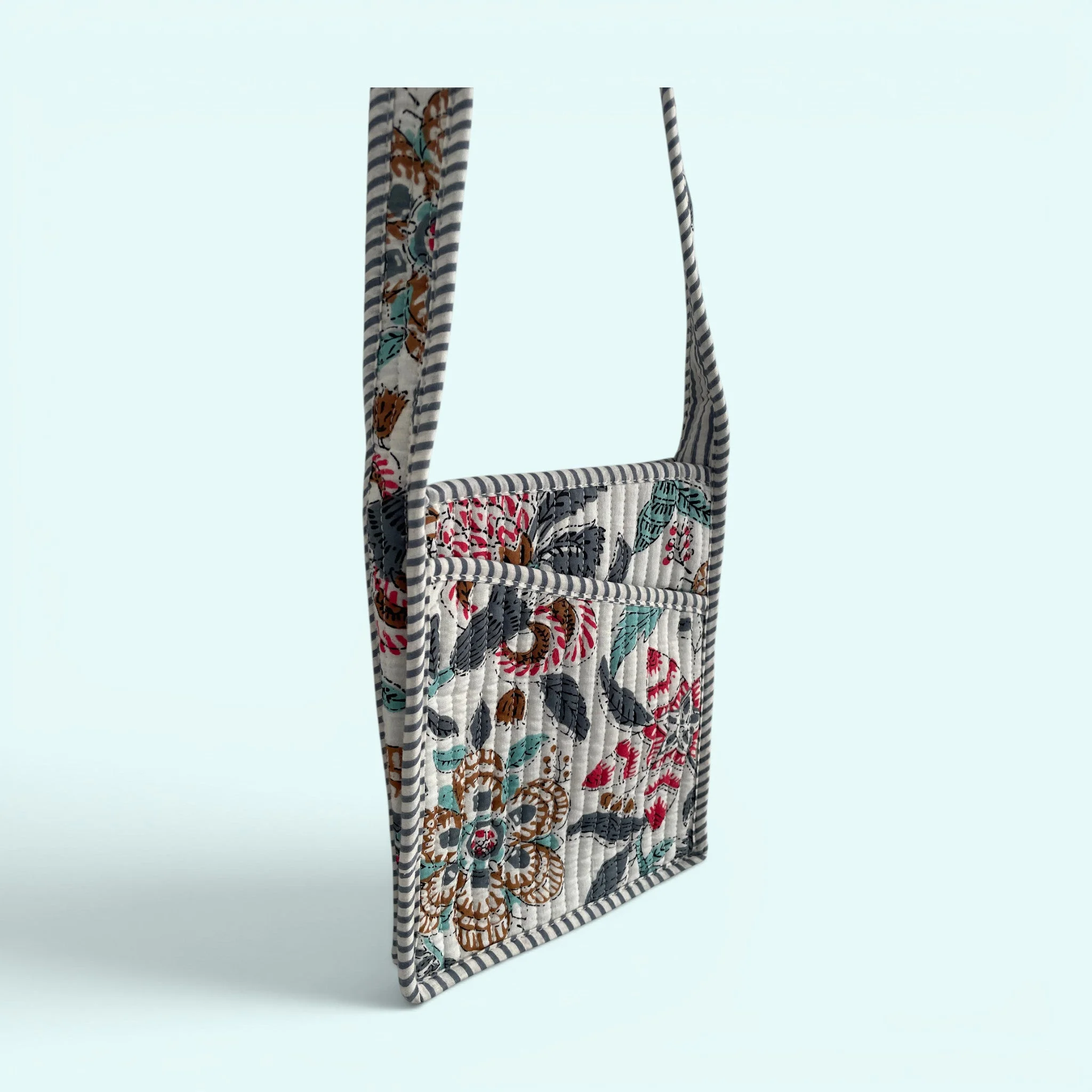 Mini Cross Body Bag - Grey with Turquoise and Red Block Print Floral - Image 4
