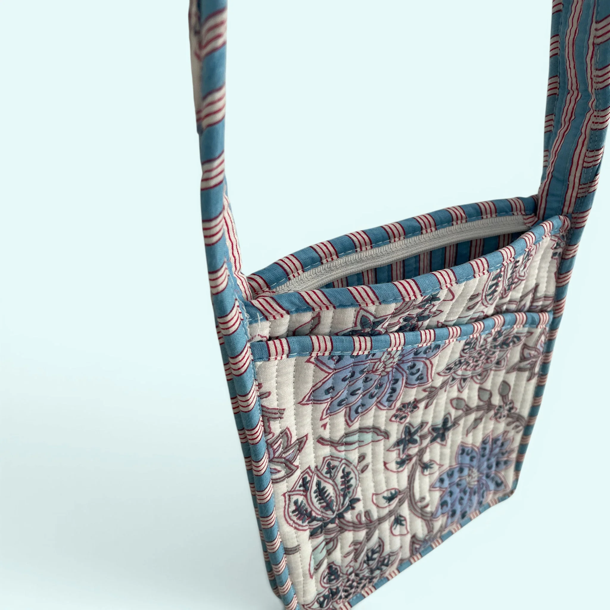 Mini Cross Body Bag - Pale Blue and White Block Print Floral - Image 3