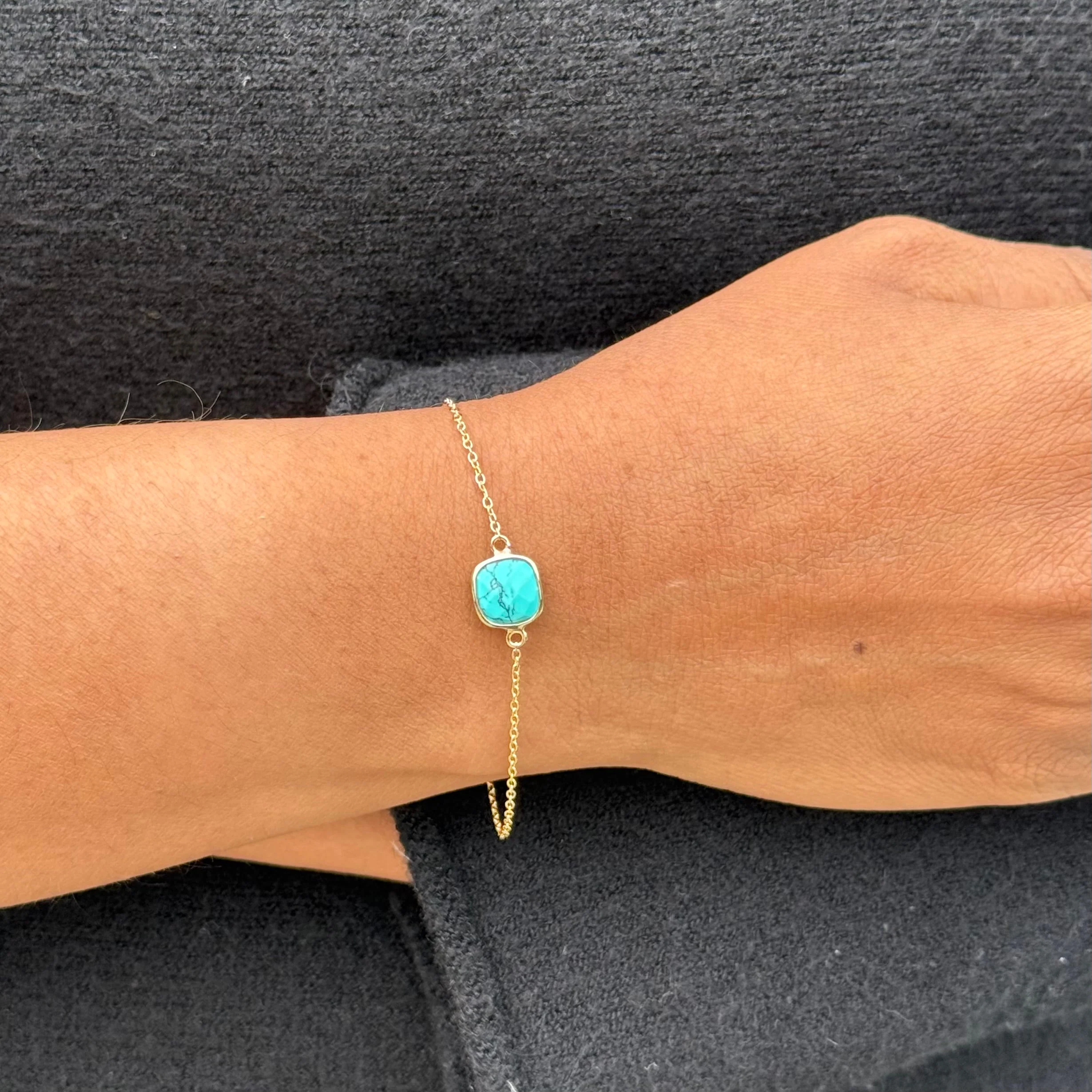 Minimal Adjustable Bracelet in 3 micron 18k Gold Plated Sterling Silver with a Squared Shaped Turquoise Gemstone - Image 3