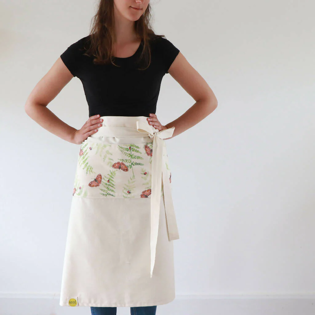Natural Organic Half Wrap Around Pocket Butterfly and Fern Apron - Image 4