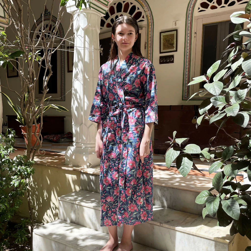 Navy and Pink Floral Block Print 100% Cotton Dressing Gown - Image 5