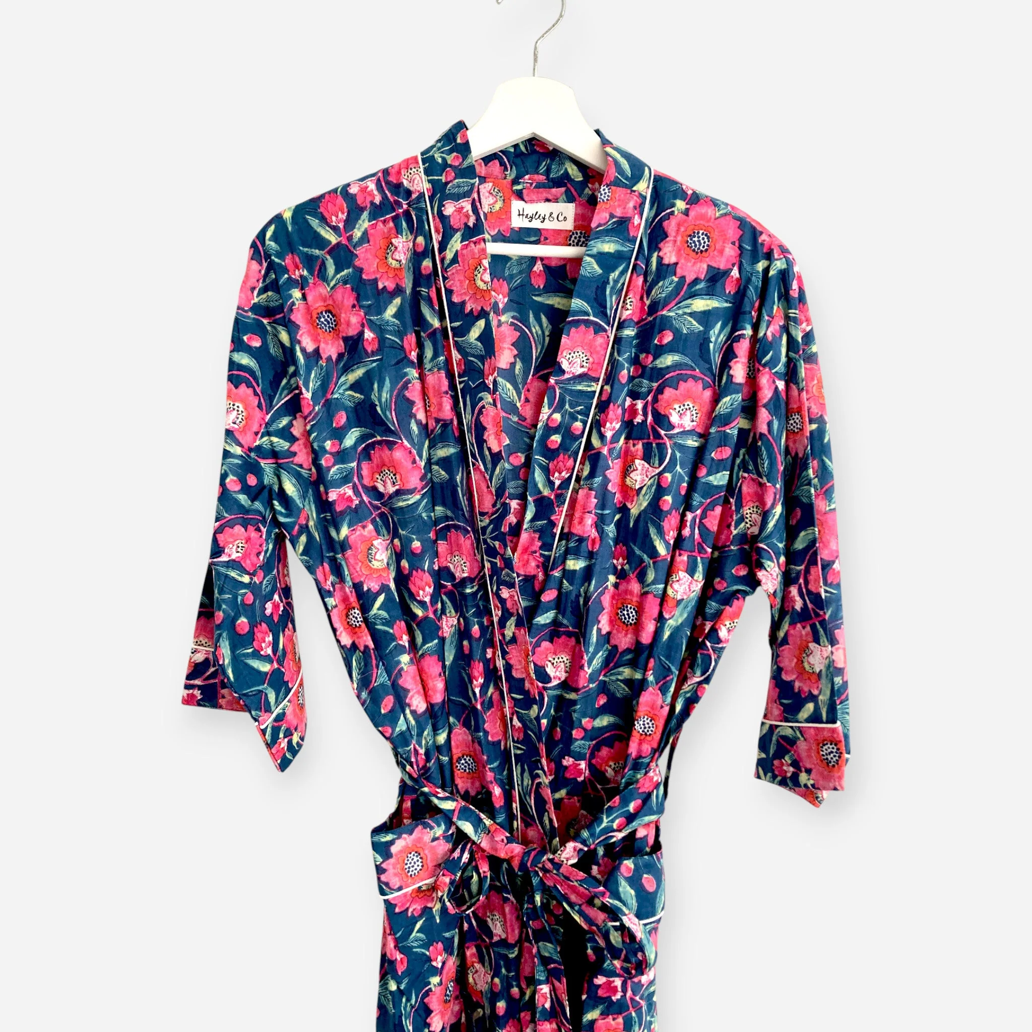 Navy and Pink Floral Block Print 100% Cotton Dressing Gown - Image 7