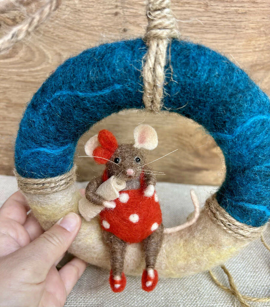 Needle-Felted Seaside Mouse in Red Polka Dot Swimsuit on Summer Coastal Wreath