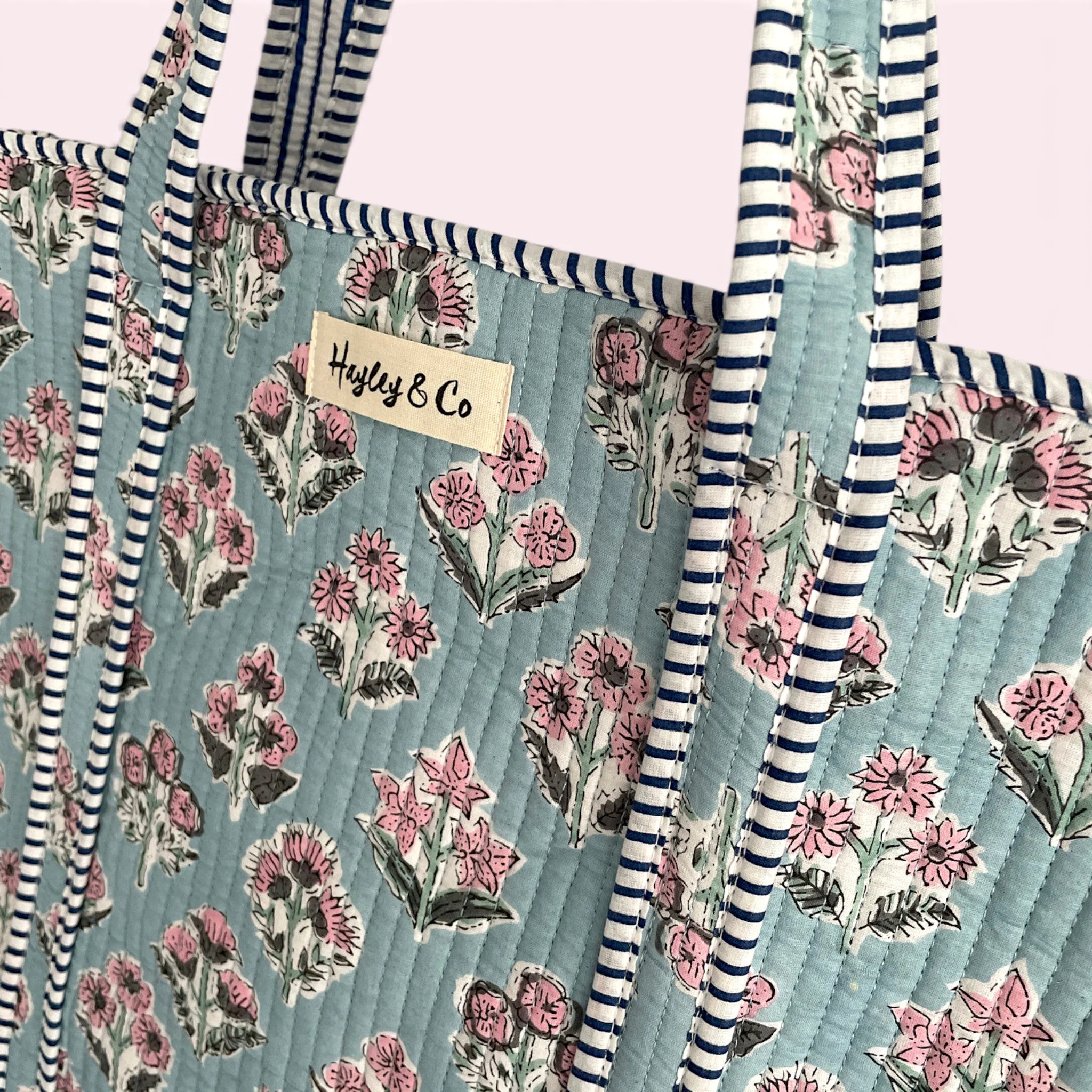 Pale Blue and Pink Ditsy Floral Quilted Cotton Tote Bag - Image 3