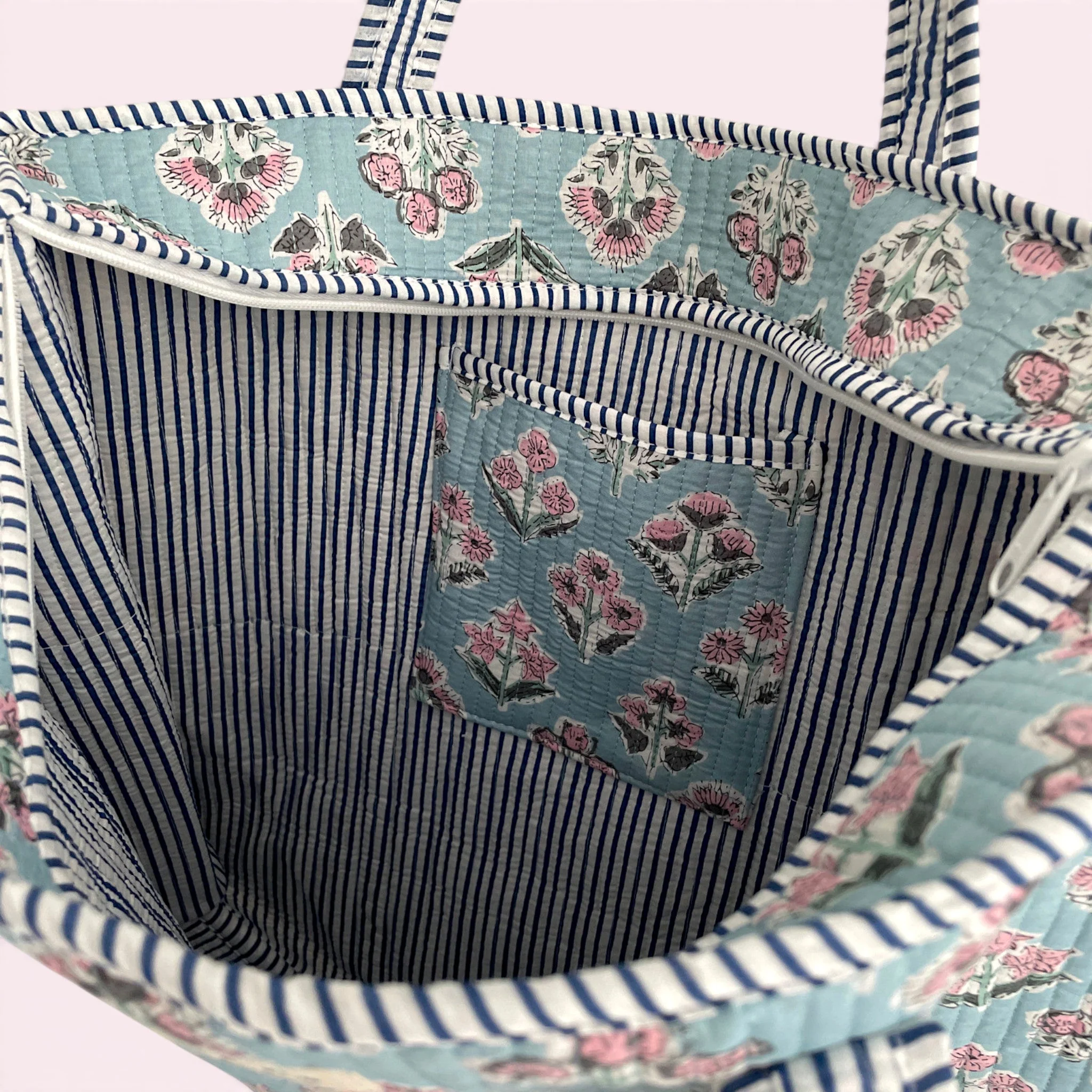 Pale Blue and Pink Ditsy Floral Quilted Cotton Tote Bag - Image 4