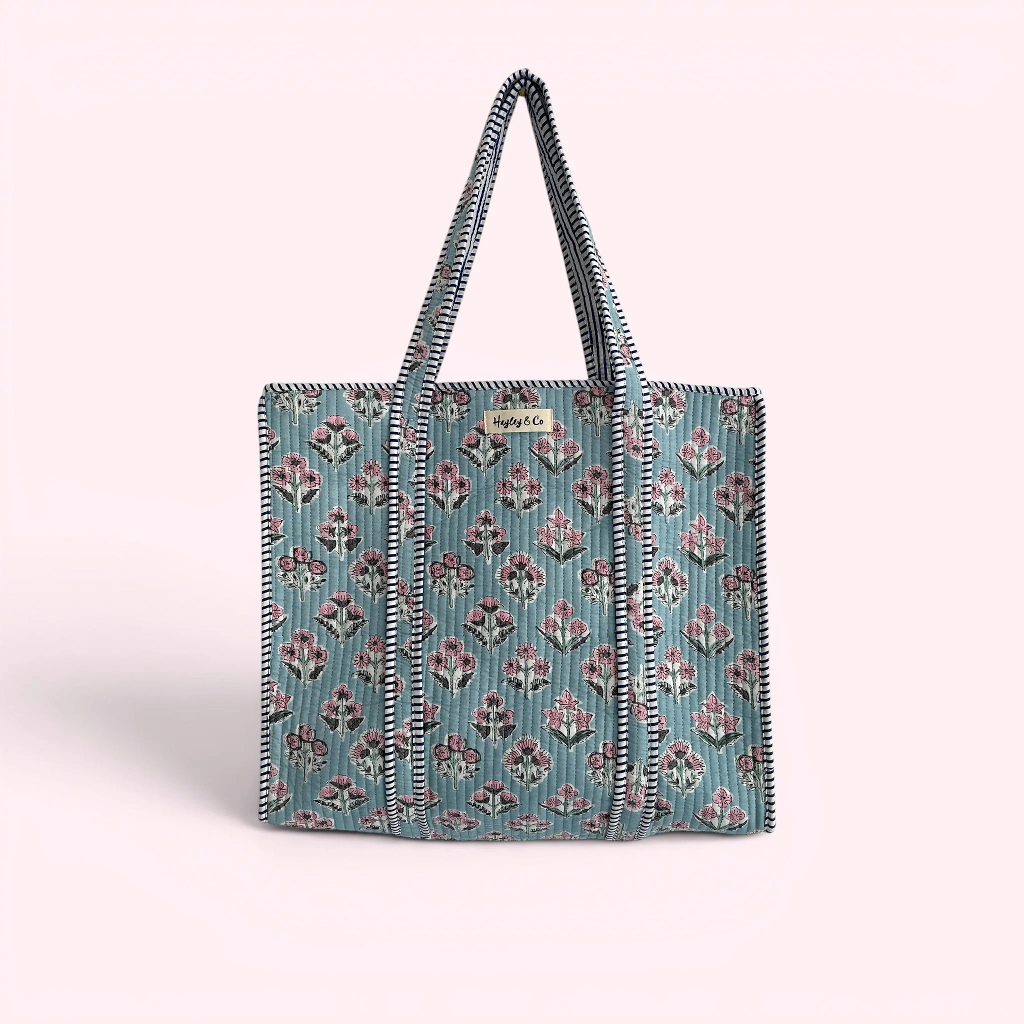 Pale Blue and Pink Ditsy Floral Quilted Cotton Tote Bag - Image 5