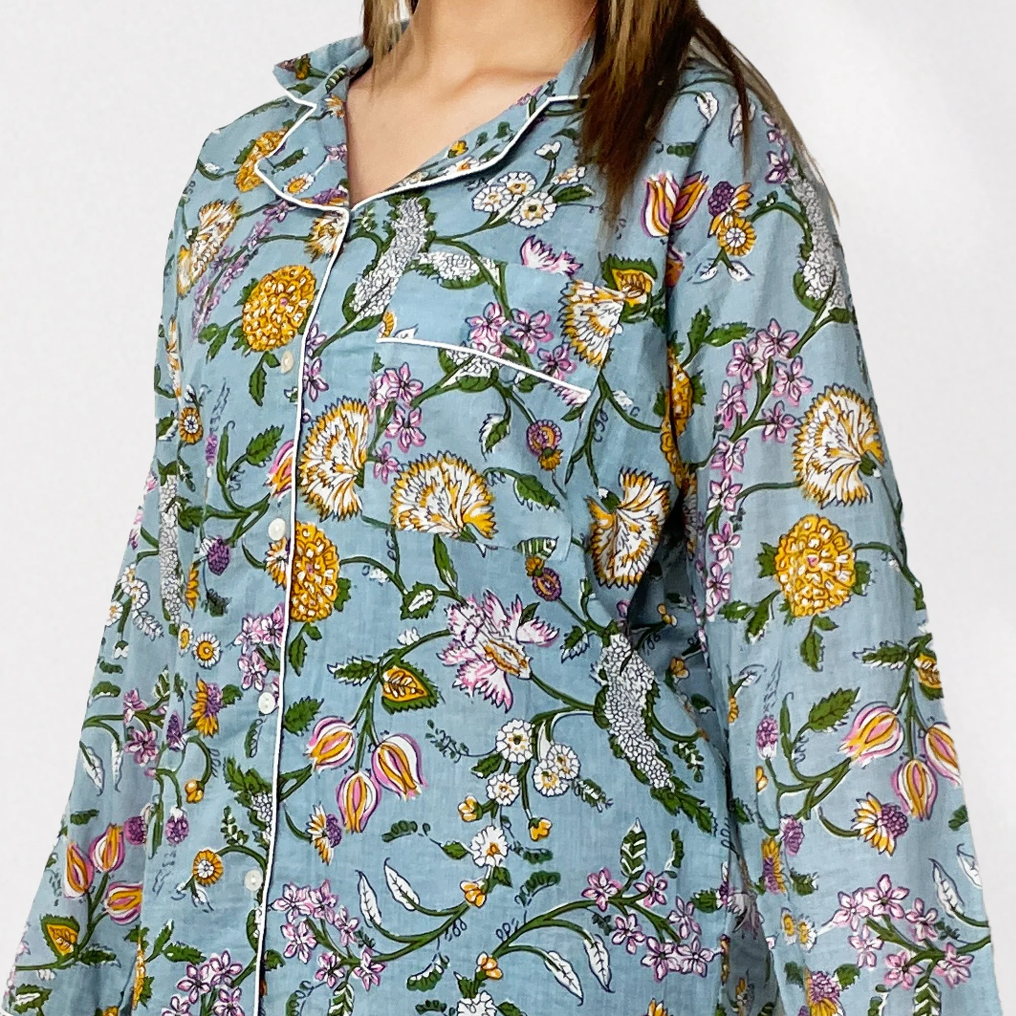 Pale Blue Block Print Floral 100% Cotton Long Pyjama Set - Image 7