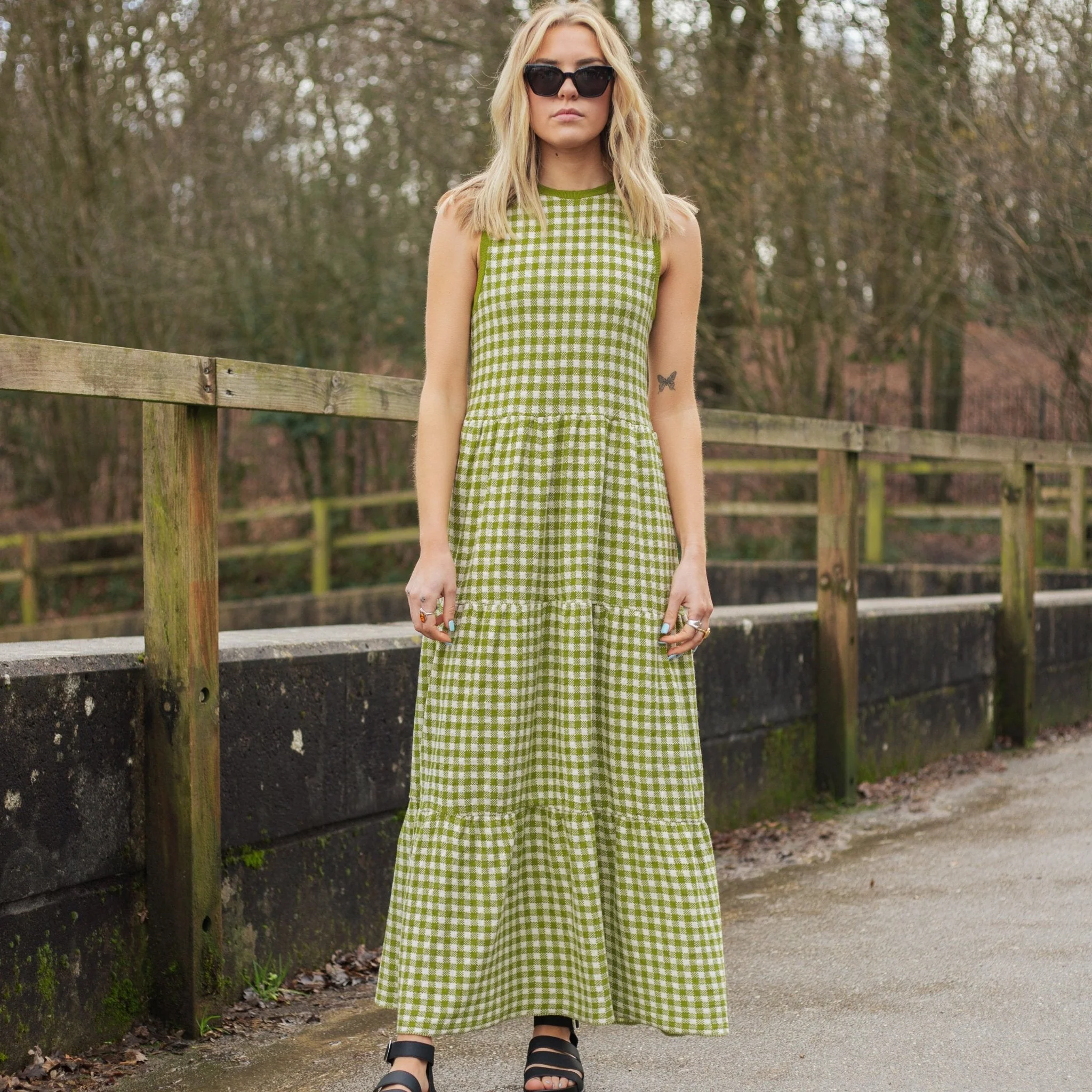 Paula Gingham Cotton Knitted Maxi Dress - Green - Image 4