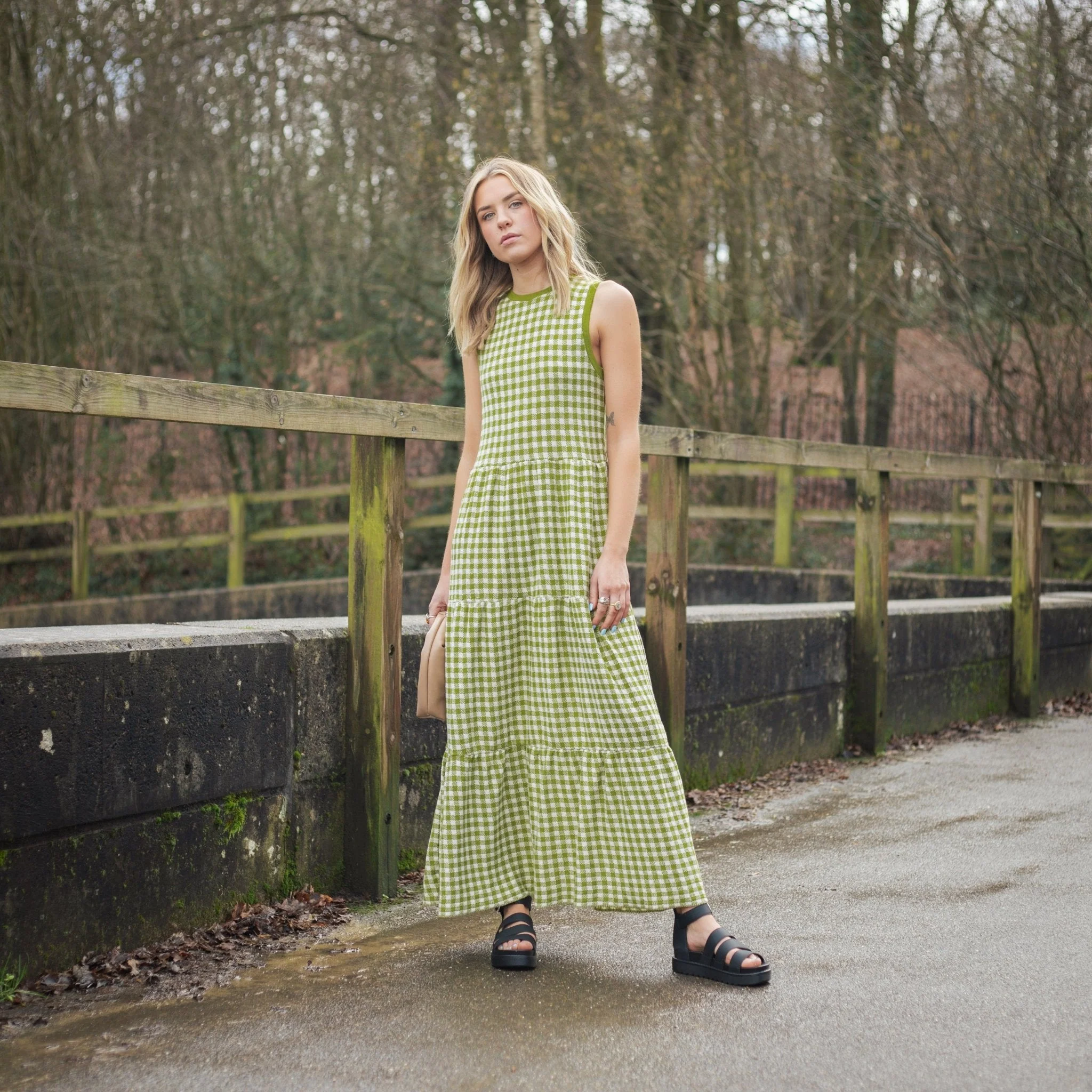Paula Gingham Cotton Knitted Maxi Dress - Green - Image 7